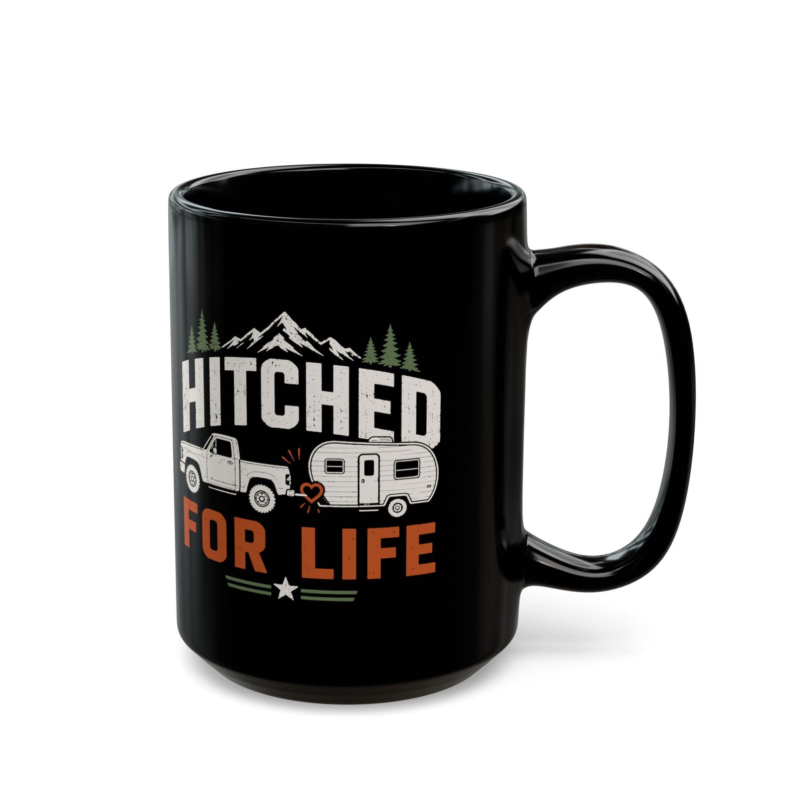 Hitched for Life Mug - 15oz black coffee mug, handle on the right
