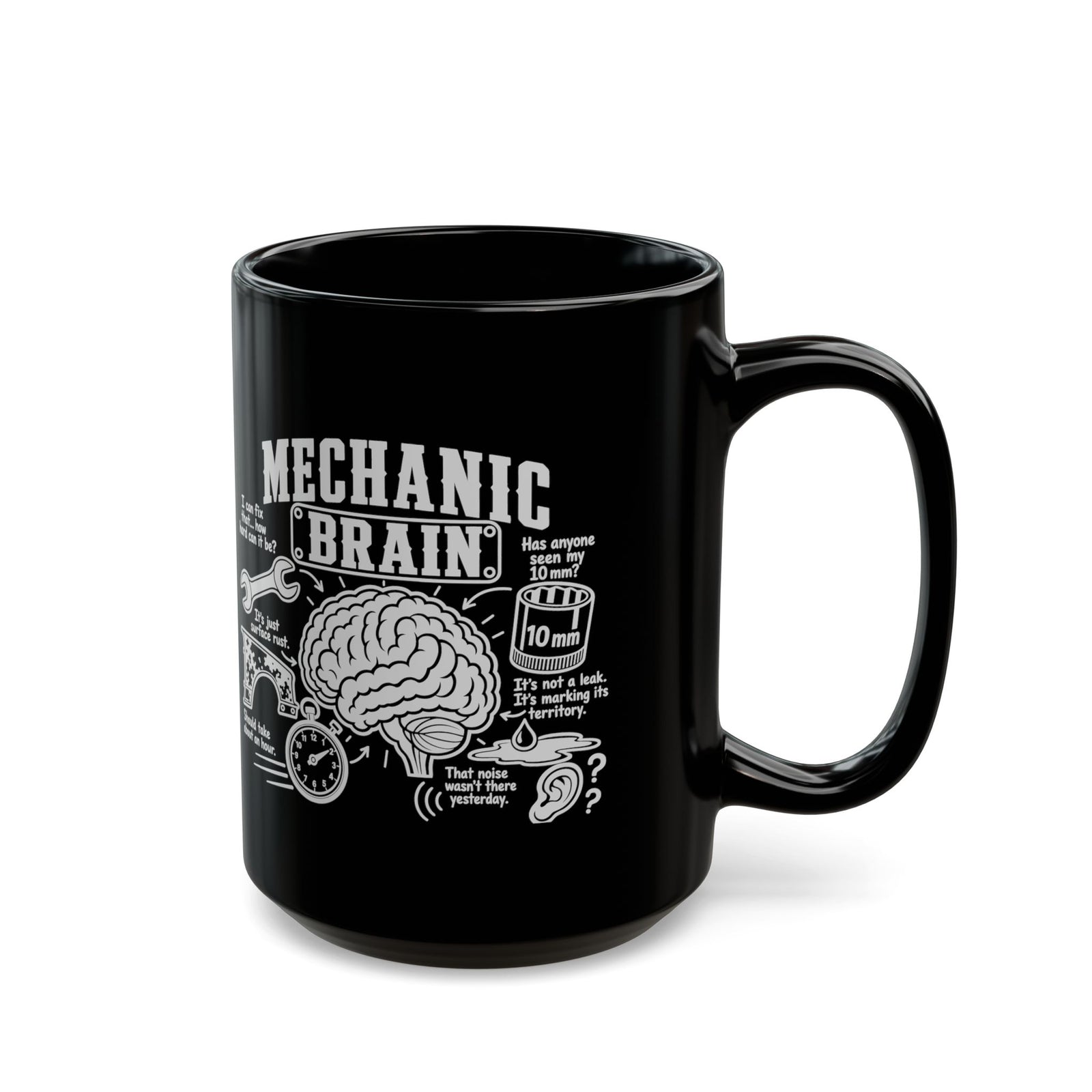 Mechanic Brain Coffee Mug - 15oz black coffee mug, handle on the right