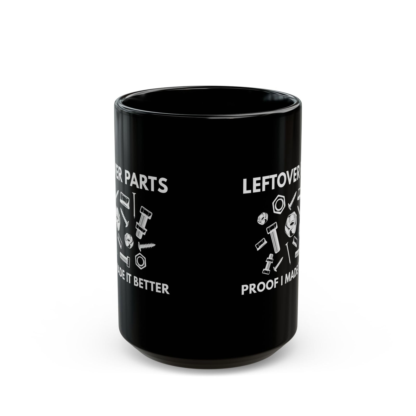 Leftover Parts Coffee Mug - 15oz black coffee mug, front view with print on both sides