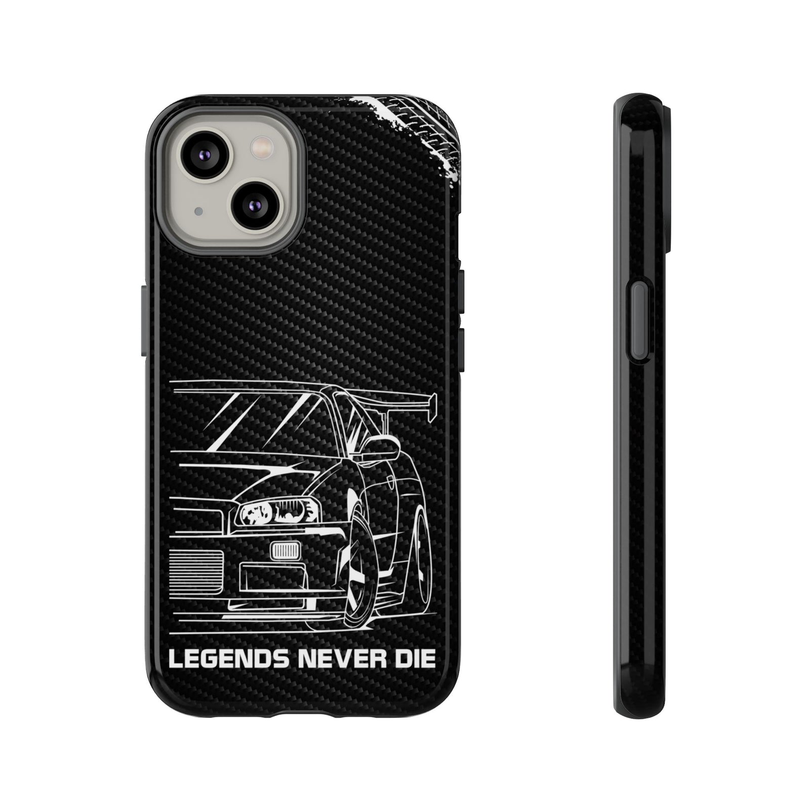 JDM Legends Never Die Tough Phone Case - iPhone 14, glossy, front and side view
