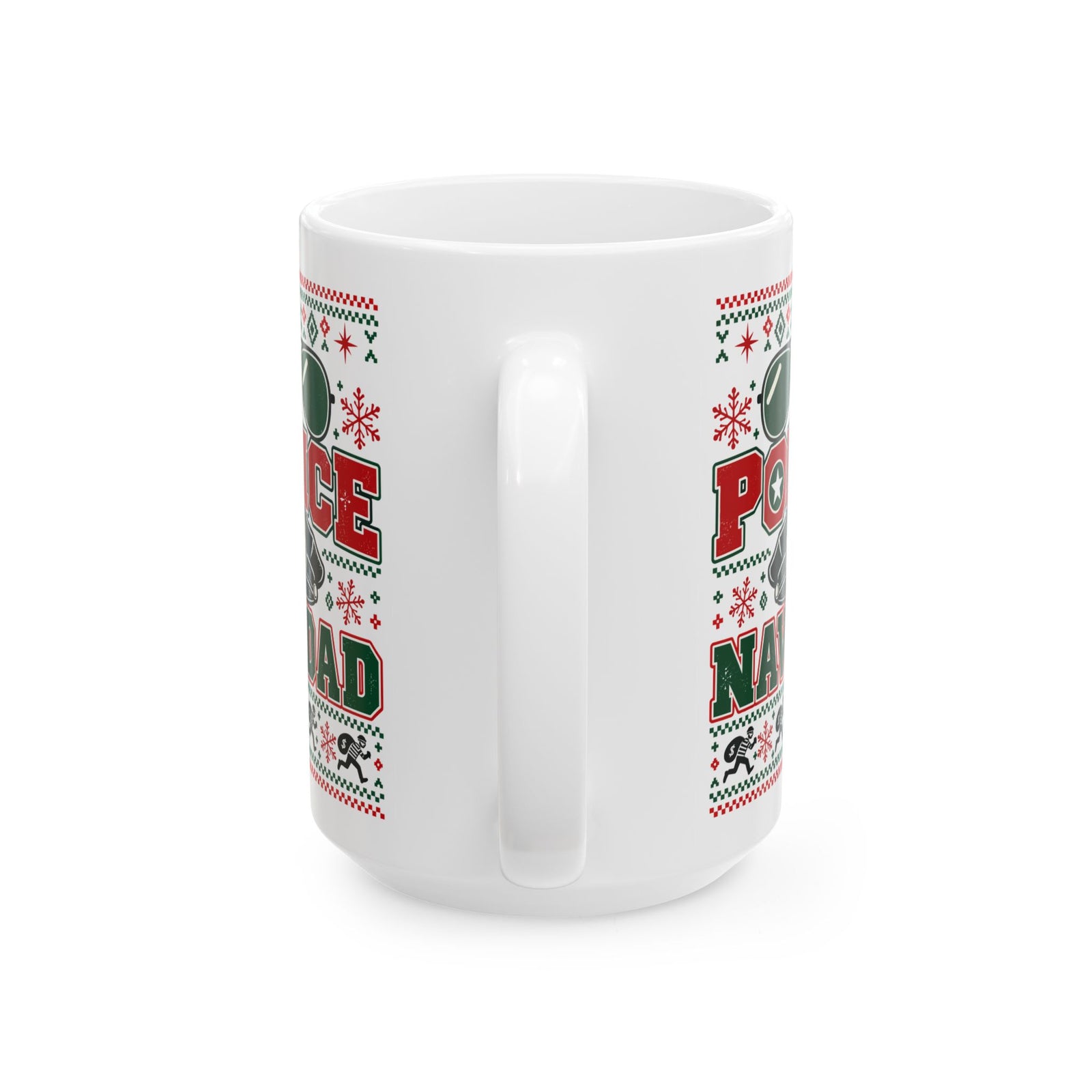 Police Navidad Coffee Mug - 15oz white coffee mug, handle facing front