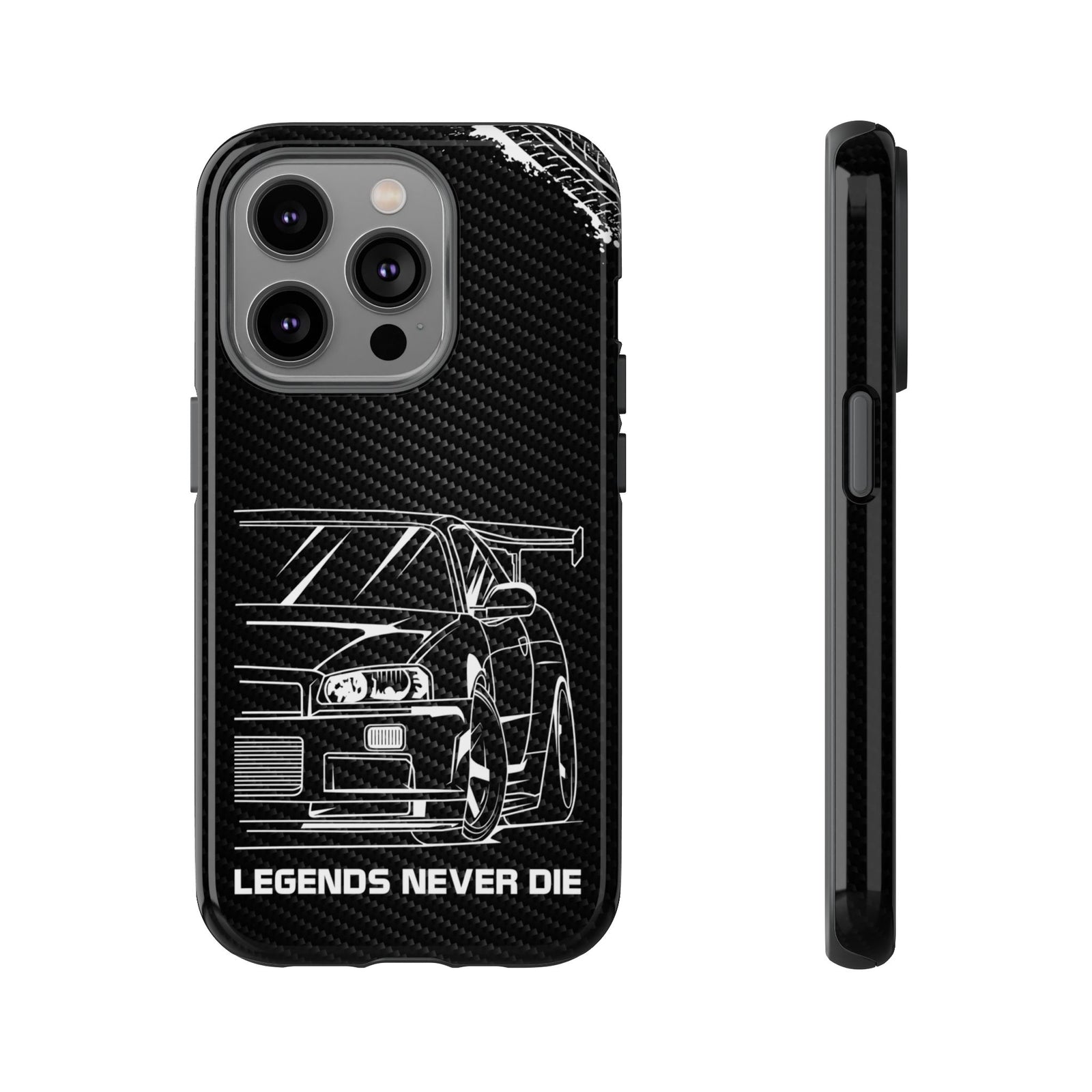 JDM Legends Never Die Tough Phone Case - iPhone 14 Pro, glossy, front and side view