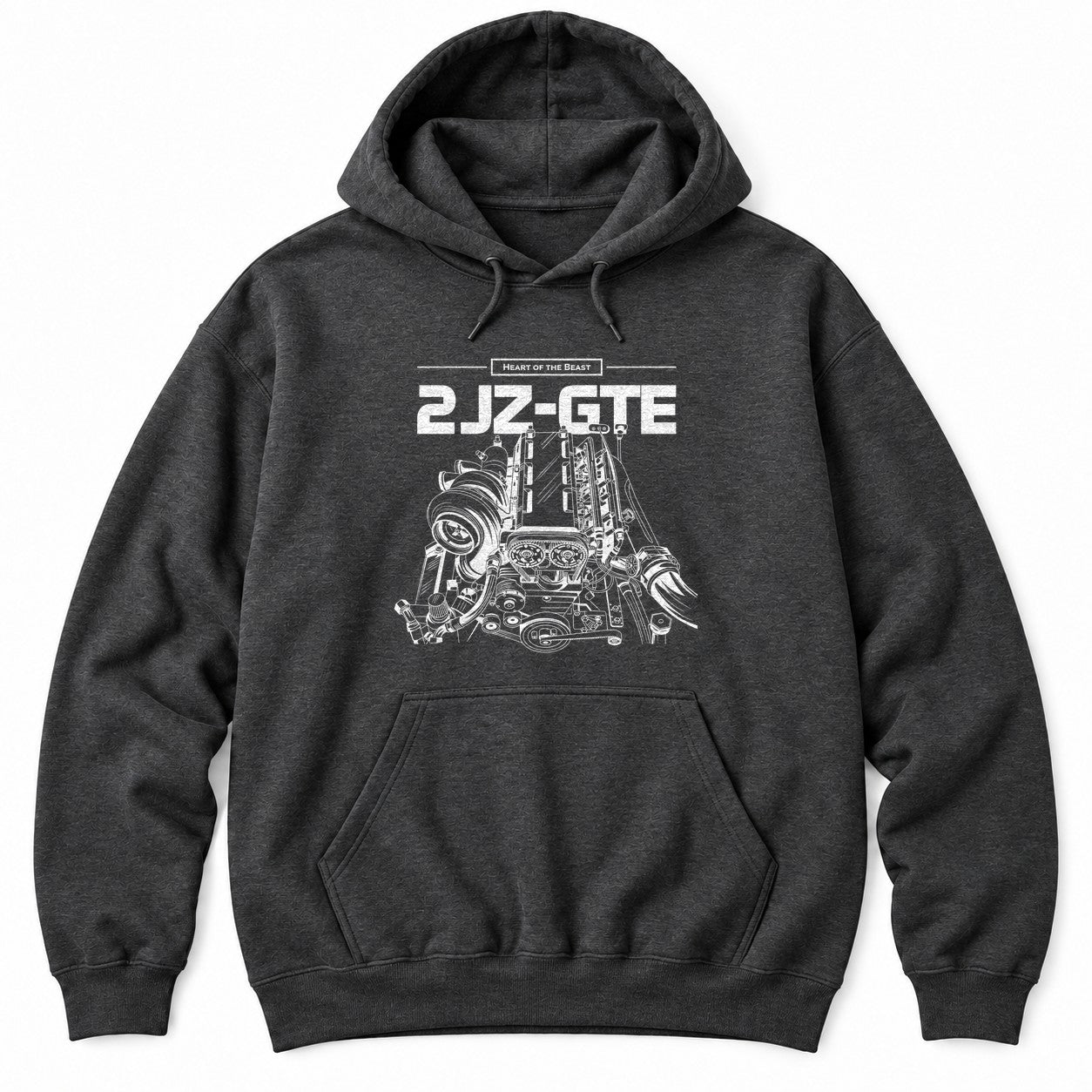 Dark Heather hoodie with Heart of the Beast and a detailed white turbo inline-six engine illustration under bold lettering