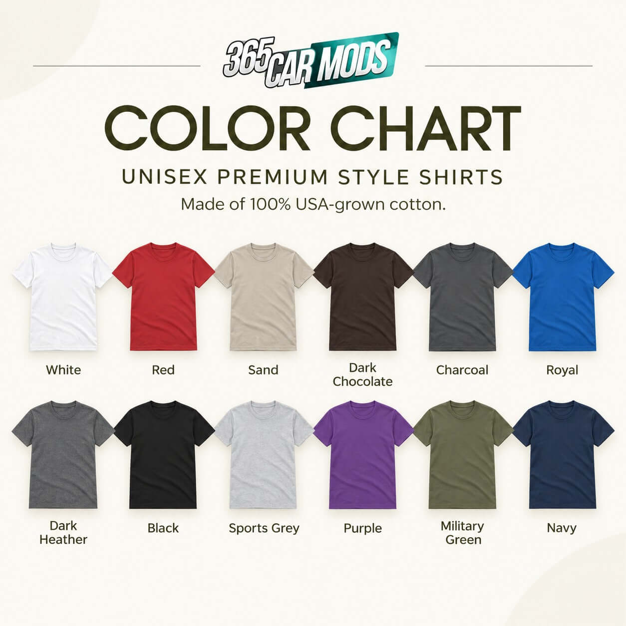 Color chart for unisex premium style shirts in various colors, made from 100% USA-grown cotton.