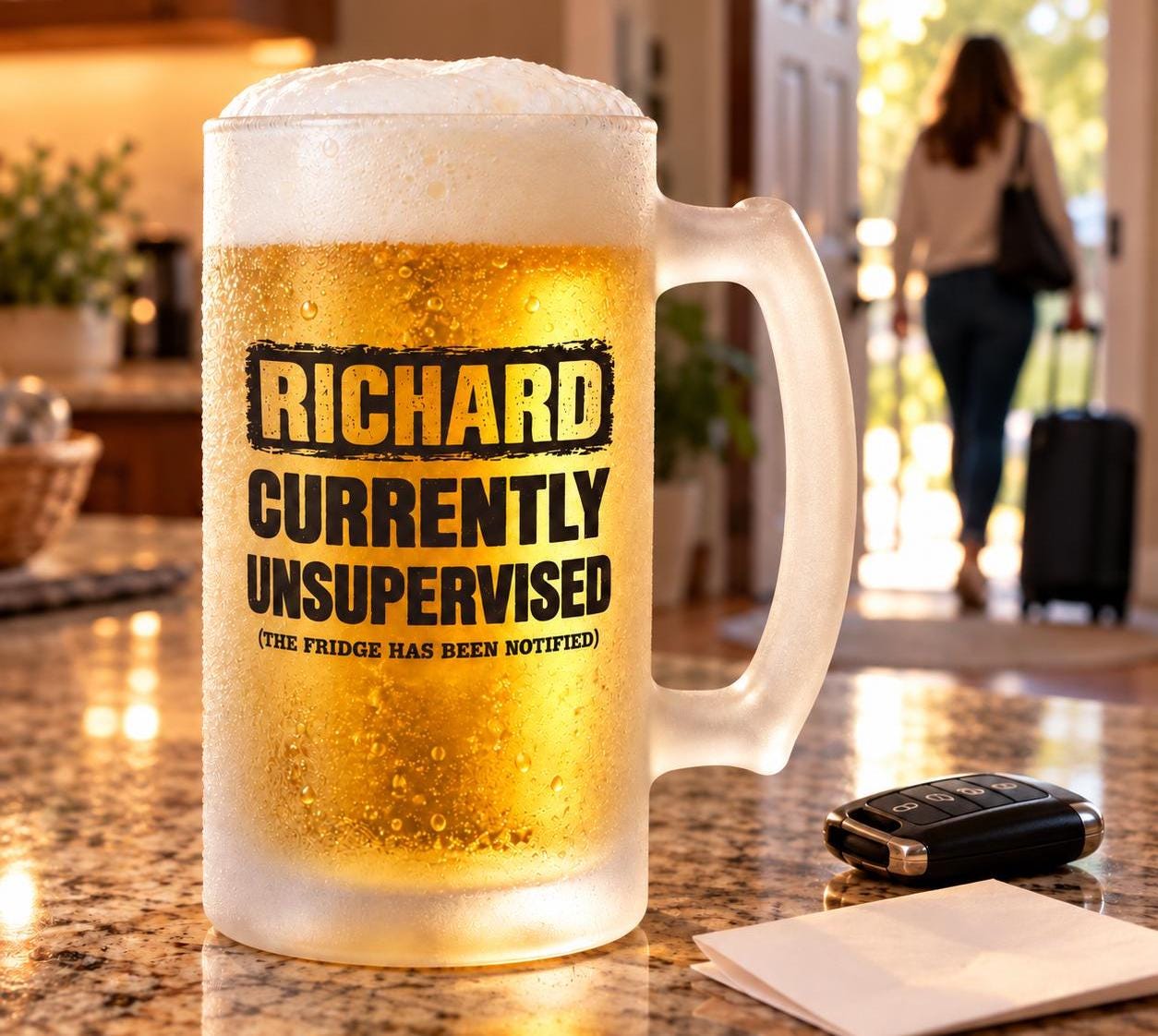 Currently Unsupervised Personalized Beer Mug - personalized beer mug with the name Richard on a kitchen counter as someone leaves with a suitcase