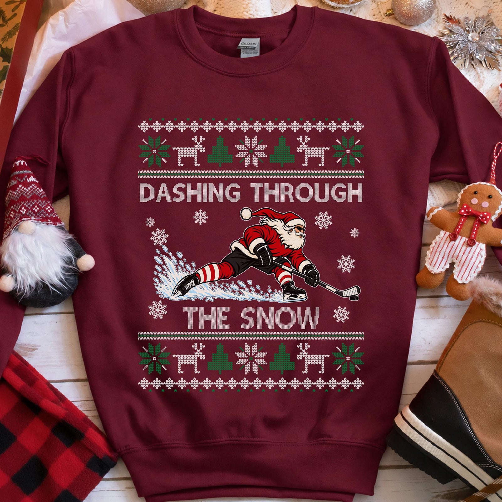 Dashing Through The Snow Hockey Christmas Sweatshirt in Maroon