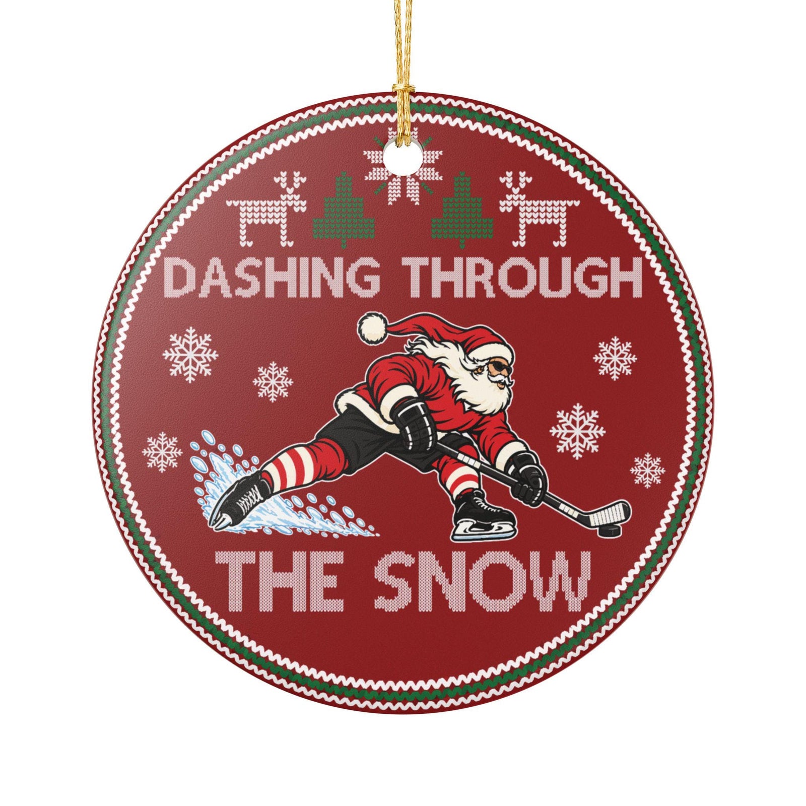 Round red ceramic hockey ornament: DASHING THROUGH THE SNOW with Santa in a hockey stance, a puck on his stick and a knit border