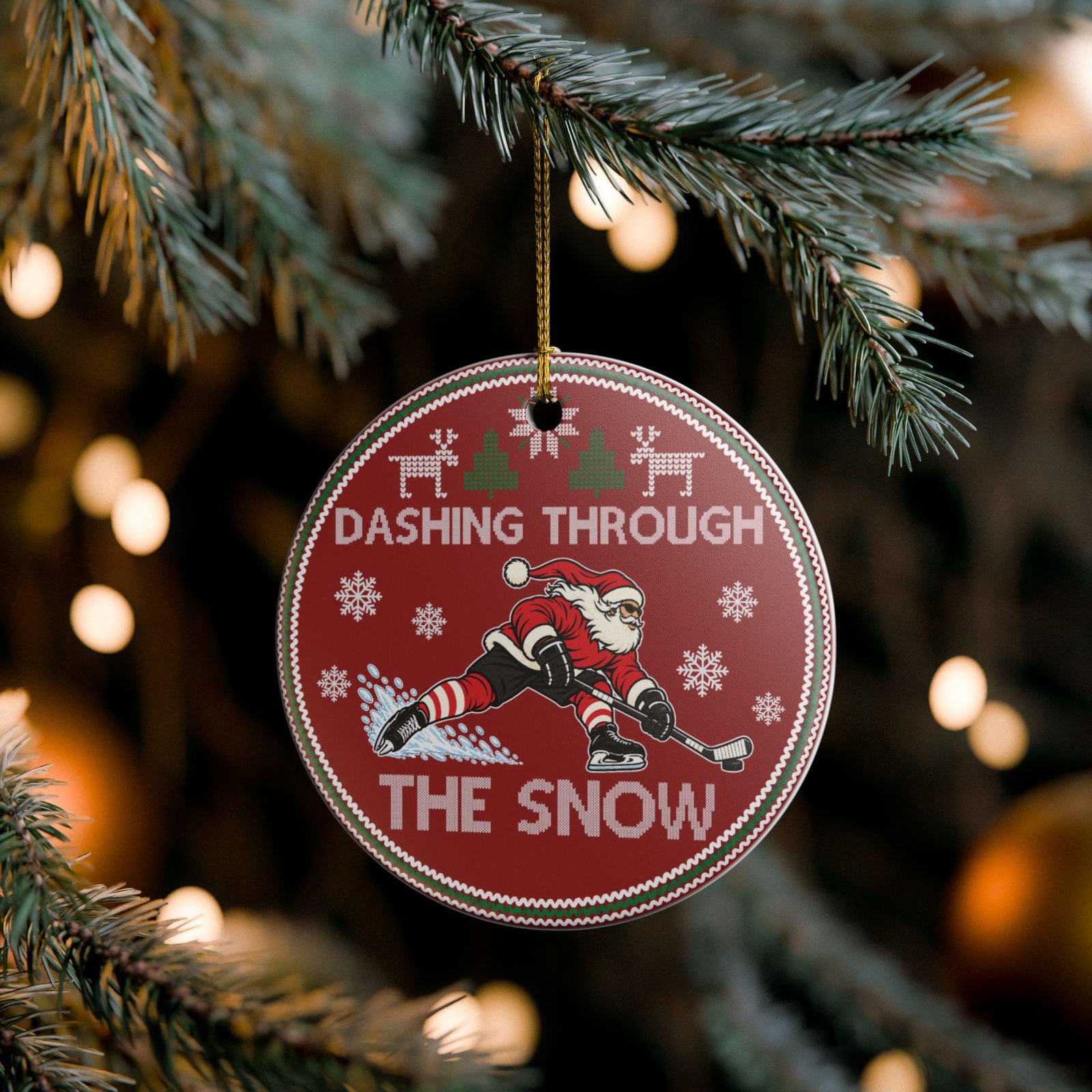 Dashing Through The Snow hockey ornament hanging on a Christmas tree branch