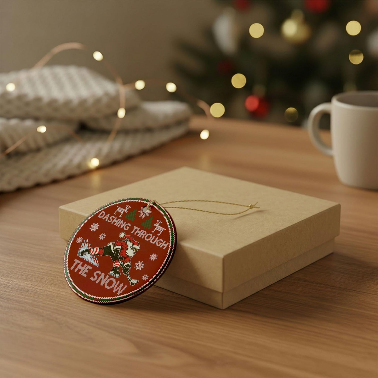 Hockey ornament leaning on a gold gift box