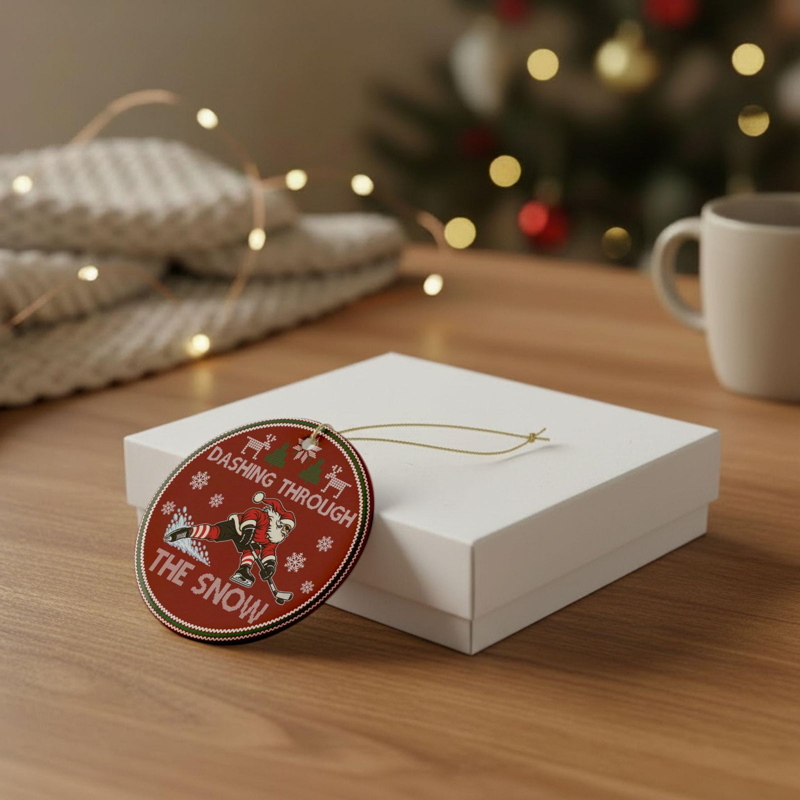 Hockey ornament leaning on a white gift box