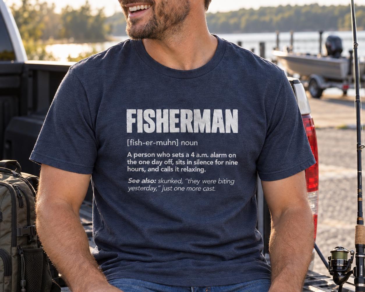 Fisherman Definition T-Shirt - man in the heather navy t-shirt sitting on a truck tailgate at a boat ramp