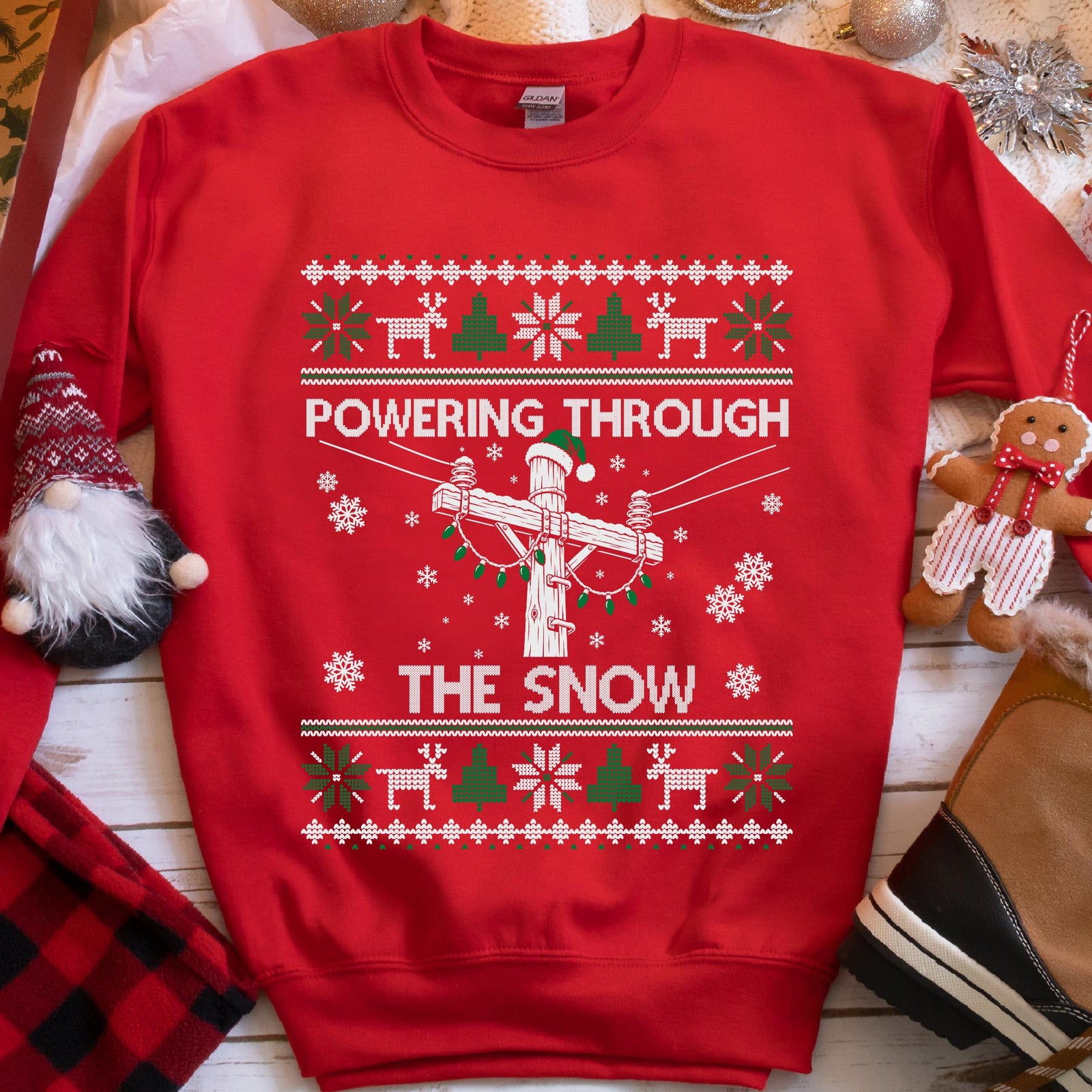 Powering Through the Snow Lineman Christmas Sweatshirt in Red