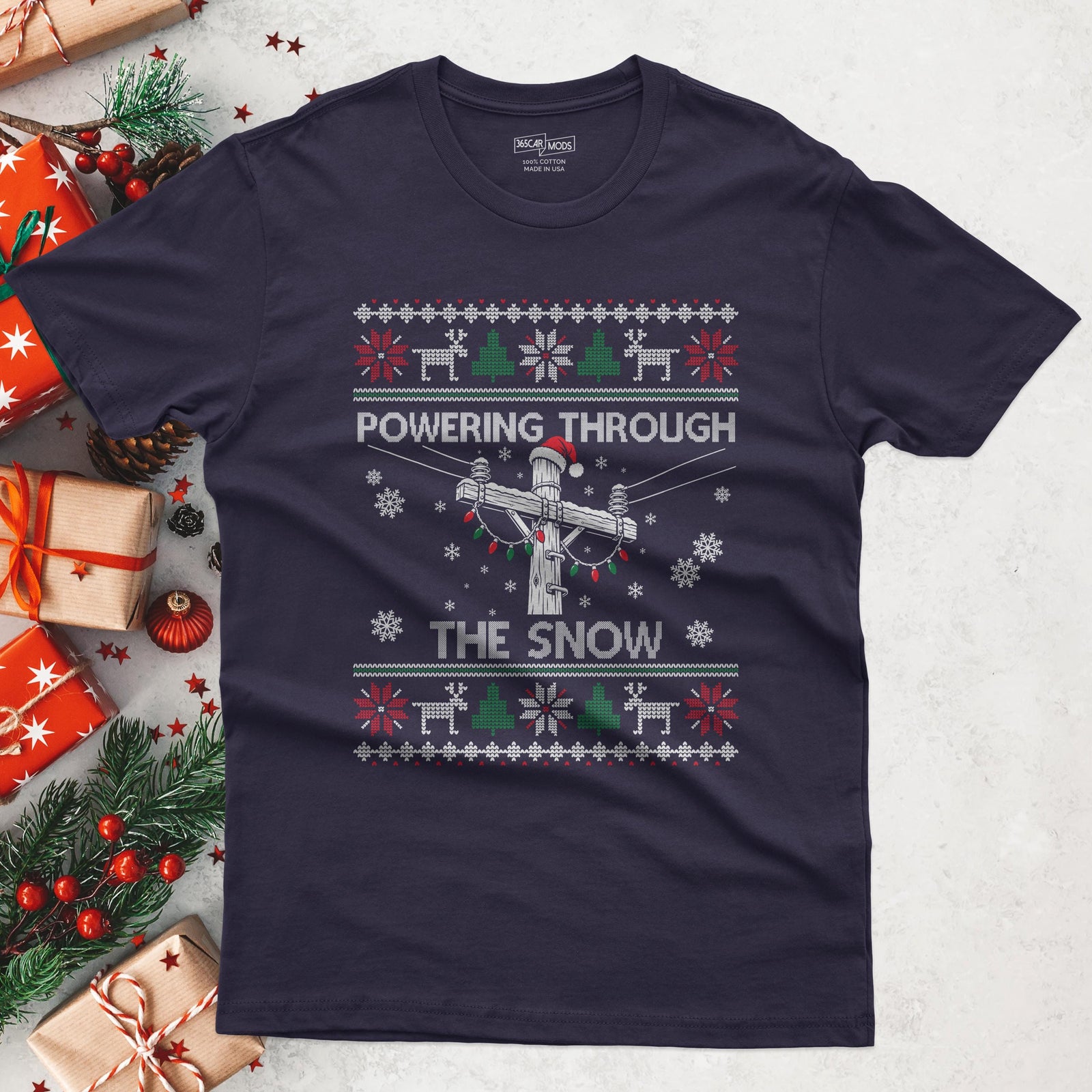 Powering Through the Snow Lineman Christmas T-Shirt in Blackberry