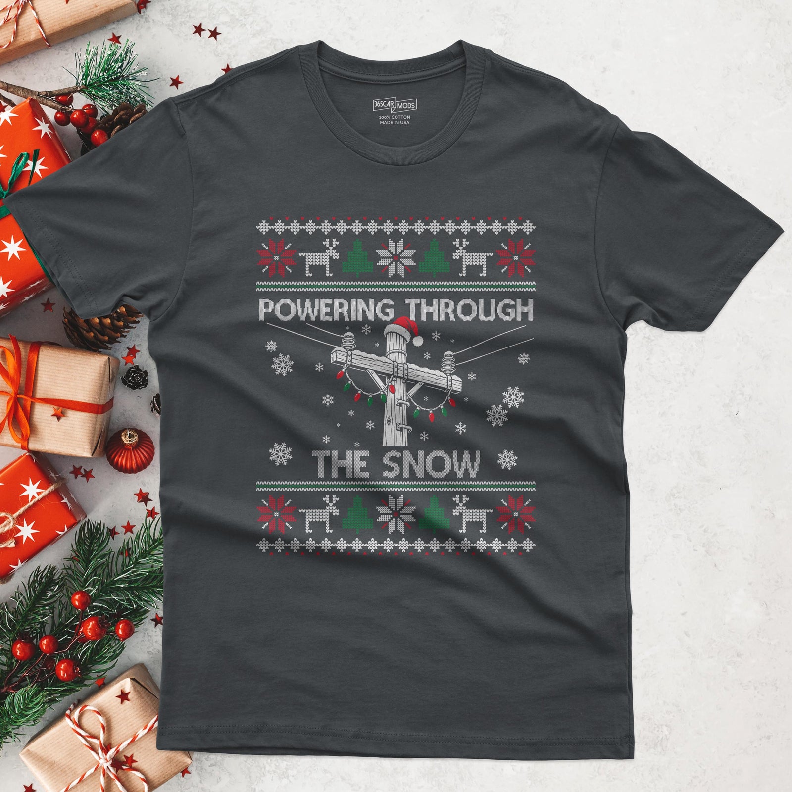 Powering Through the Snow Lineman Christmas T-Shirt in Charcoal