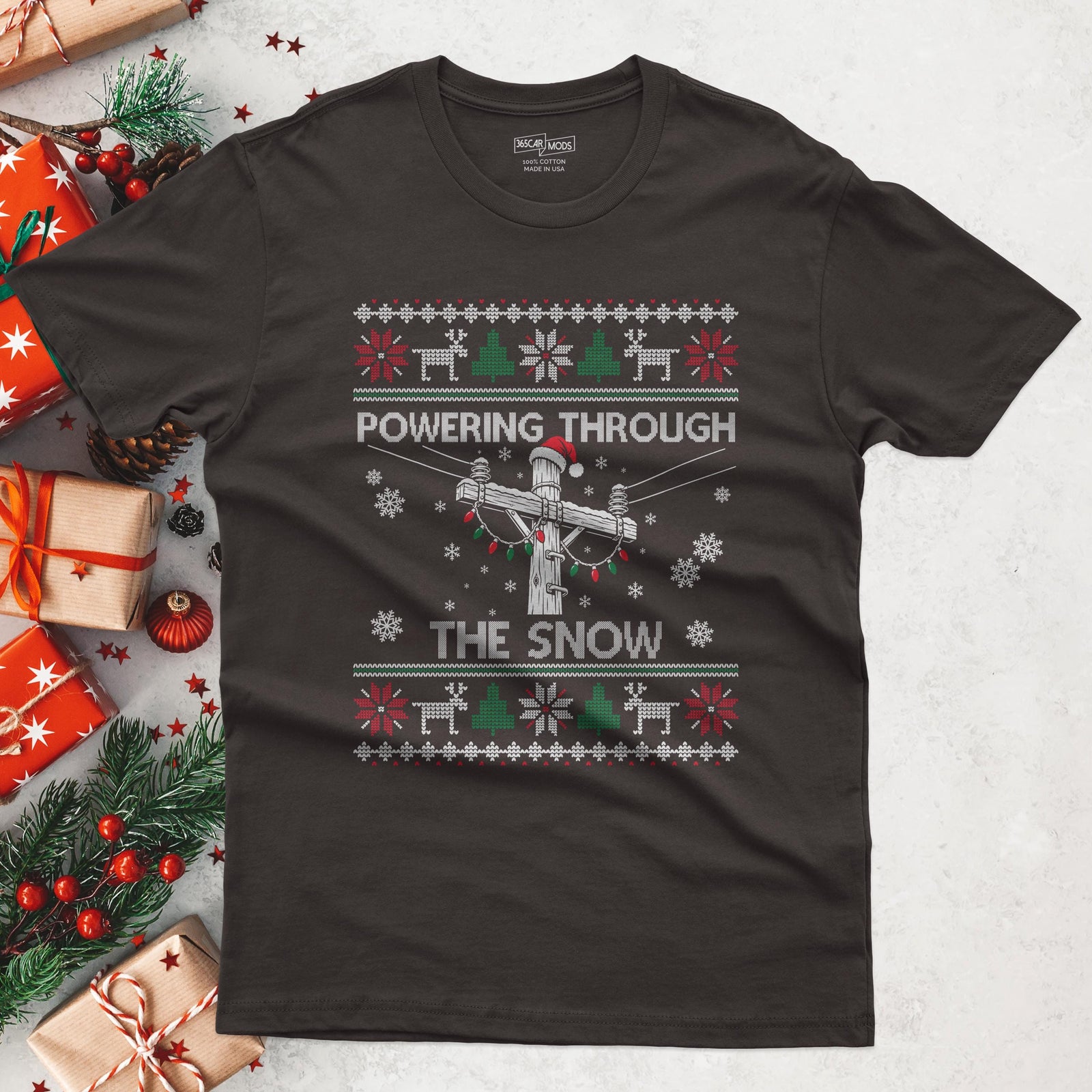 Powering Through the Snow Lineman Christmas T-Shirt in Dark Chocolate