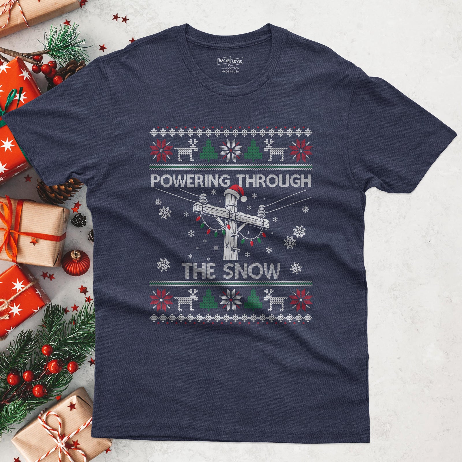 Powering Through the Snow Lineman Christmas T-Shirt in Heather Navy