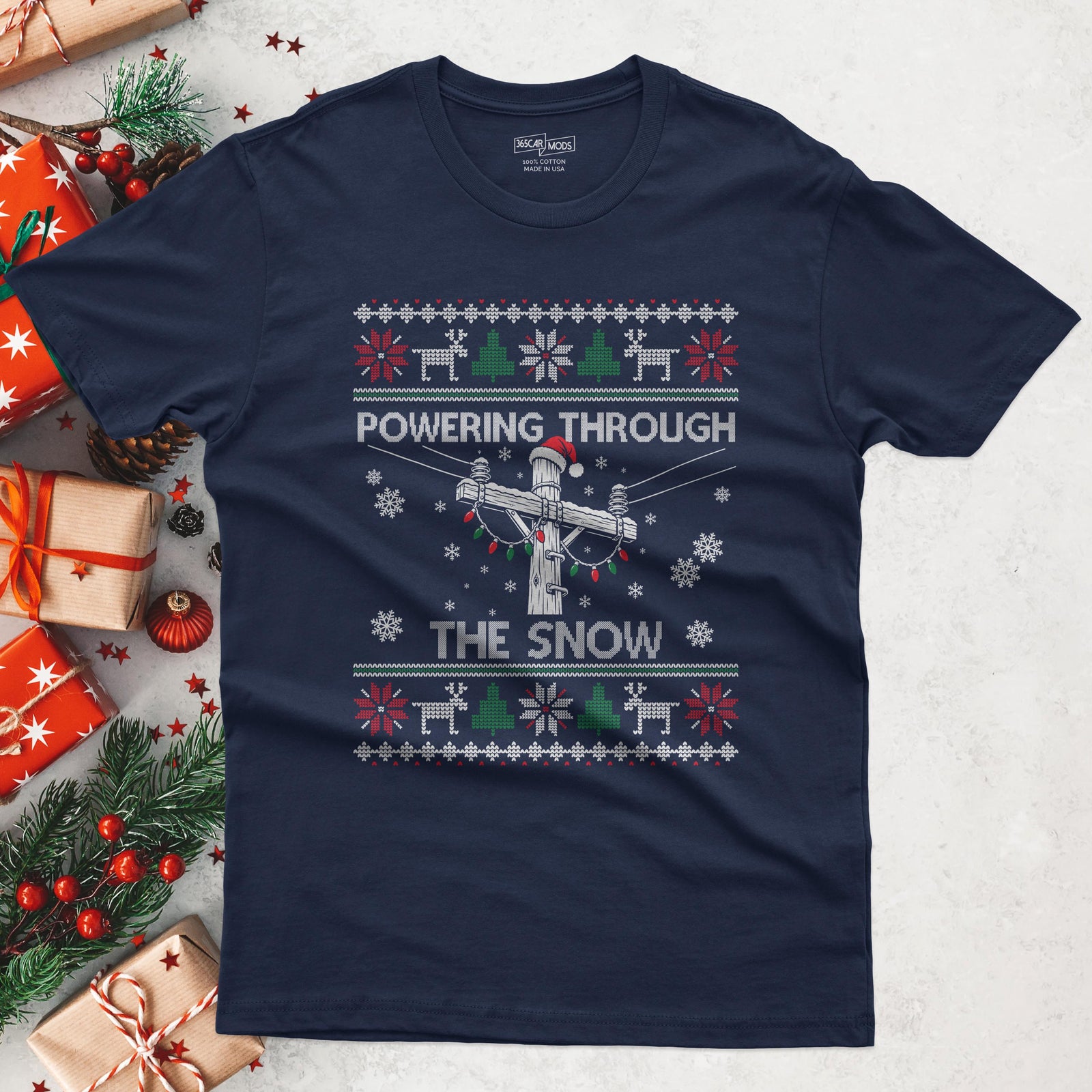 Powering Through the Snow Lineman Christmas T-Shirt in Navy
