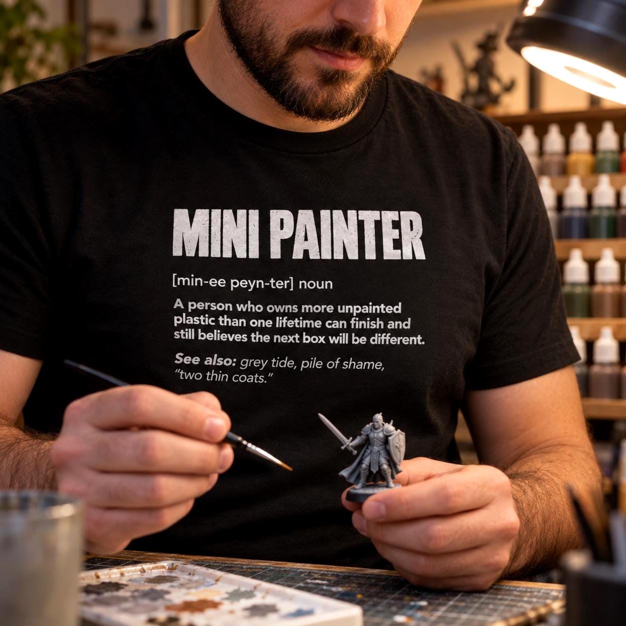 Mini Painter Definition T-Shirt - man in the black t-shirt painting a miniature knight