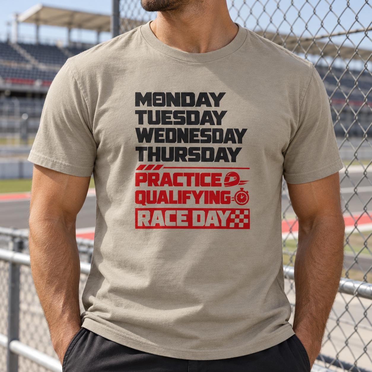 Race Weekend T-Shirt - man in the sand t-shirt at a race track fence