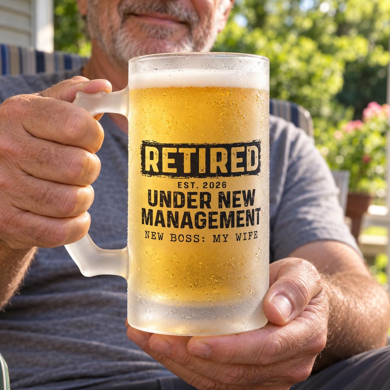 Retired Under New Management Personalized Beer Mug - retiree holding the frosted mug: Retired Est. 2026, New Boss: My Wife