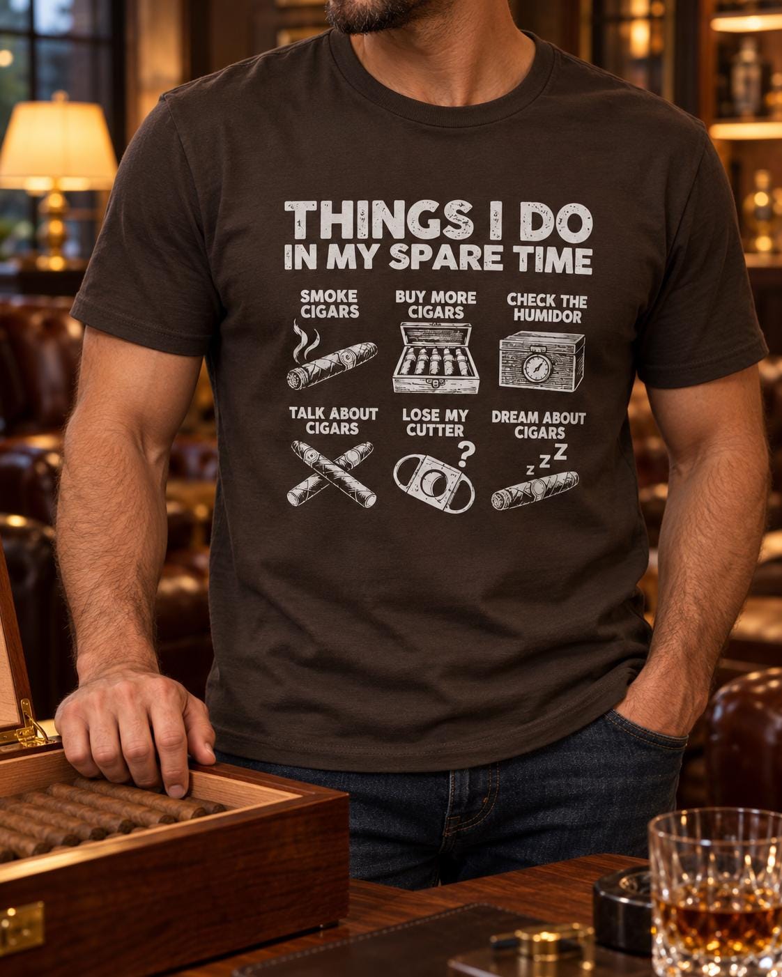 Things I Do In My Spare Time Cigar T-Shirt - man wearing the dark chocolate t-shirt in a cigar lounge