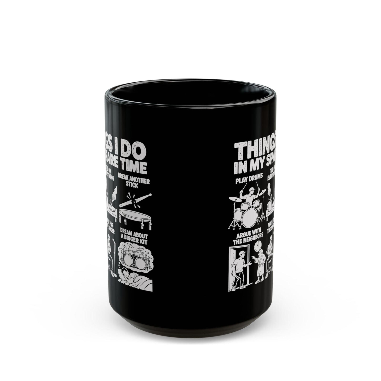 15 oz drummer spare time mug, side view showing both prints