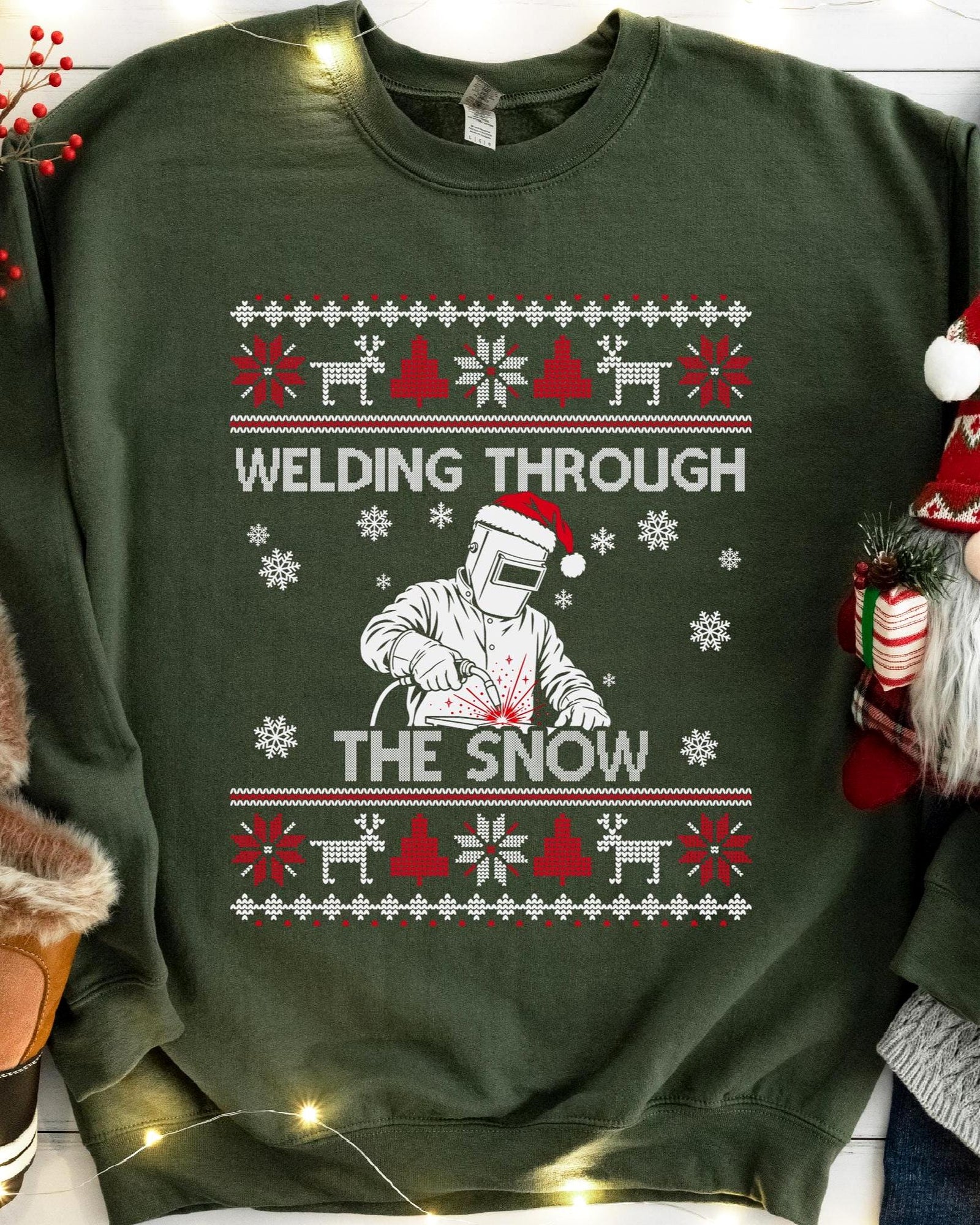 Welding Through the Snow Welder Christmas Sweatshirt in Military Green