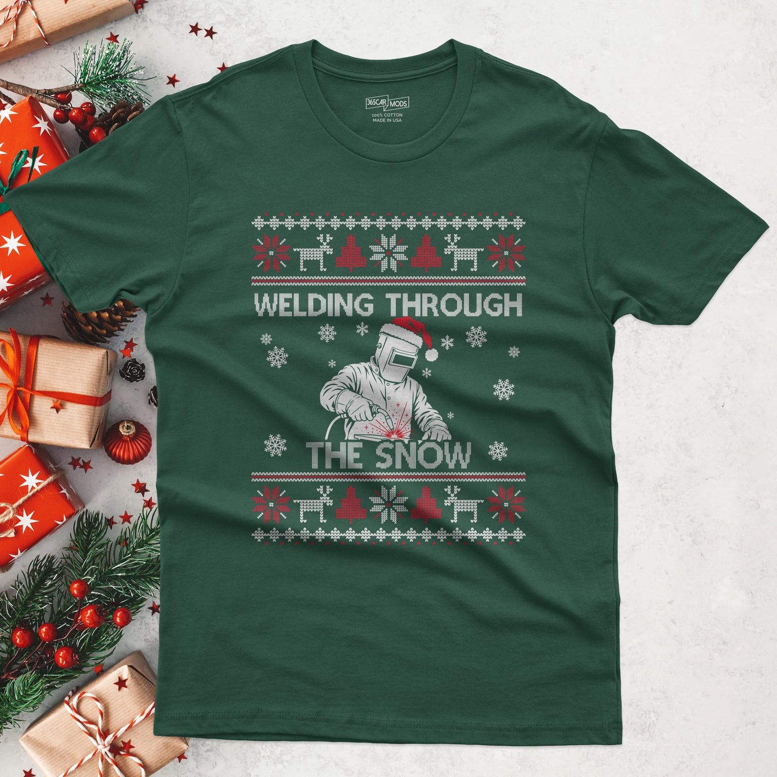 Welding Through the Snow Welder Christmas T-Shirt in Forest Green