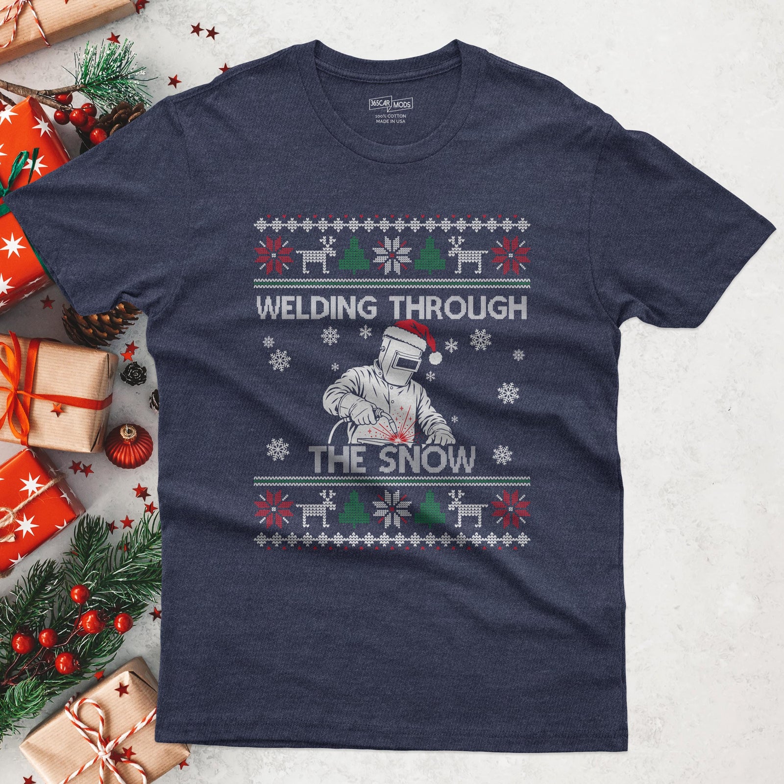 Welding Through the Snow Welder Christmas T-Shirt in Heather Navy