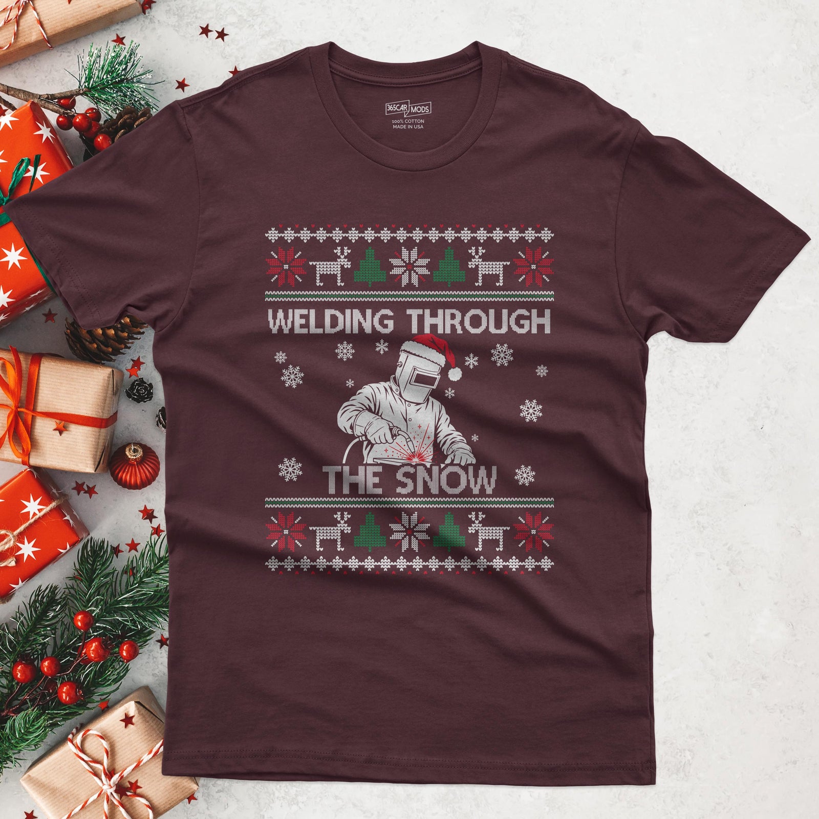 Welding Through the Snow Welder Christmas T-Shirt in Maroon