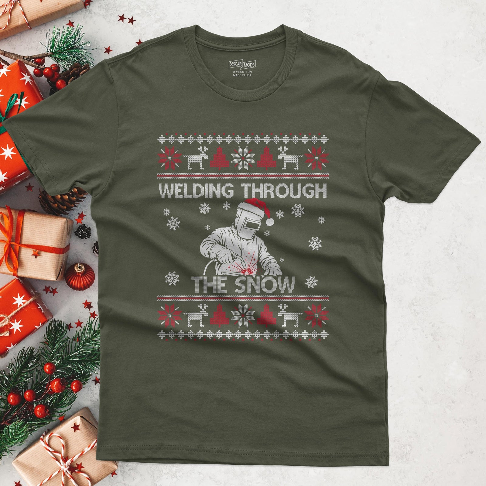 Welding Through the Snow Welder Christmas T-Shirt in Military Green