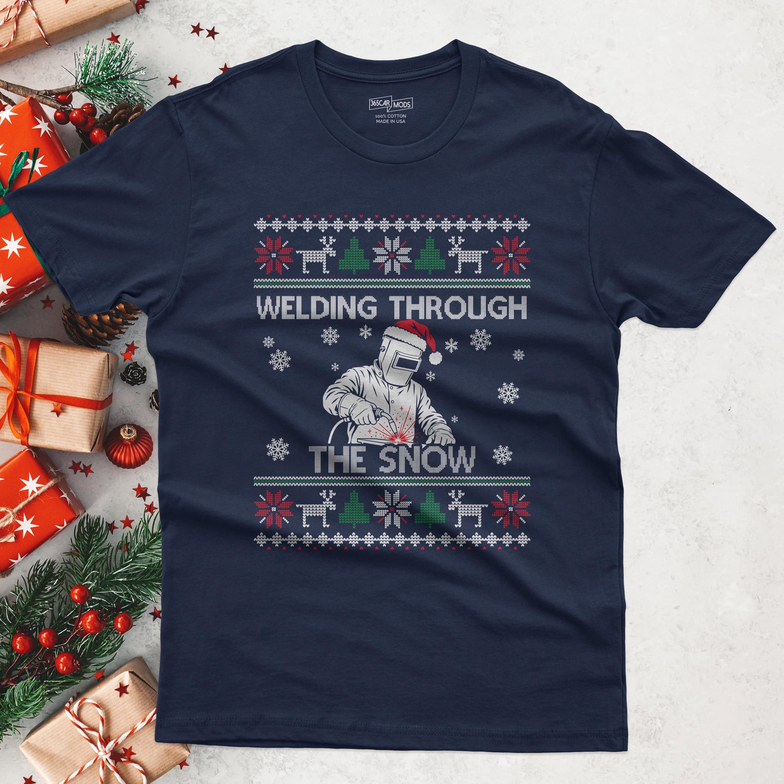 Welding Through the Snow Welder Christmas T-Shirt in Navy