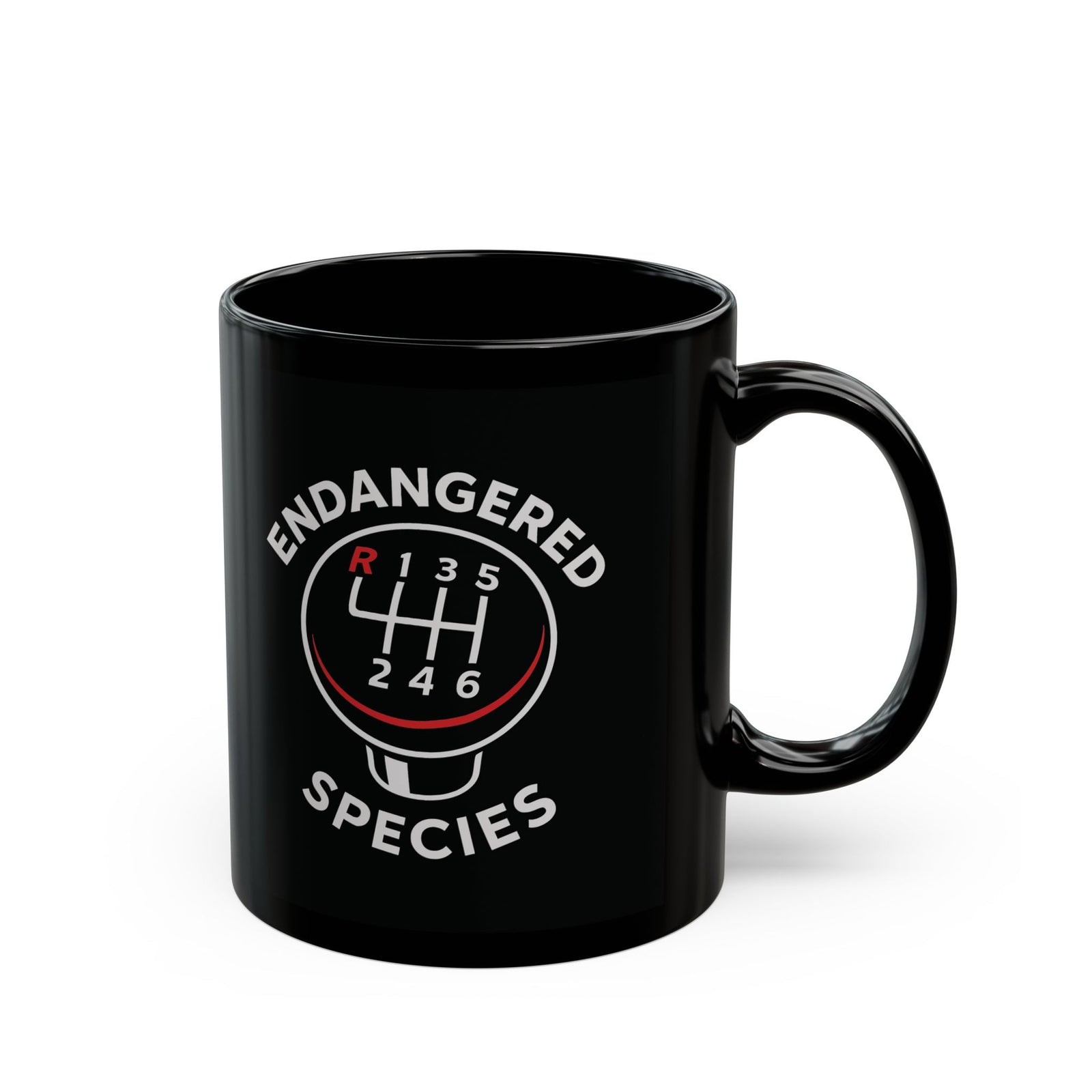 Endangered Species Stick Shift Mug - 11oz black coffee mug, handle on the right
