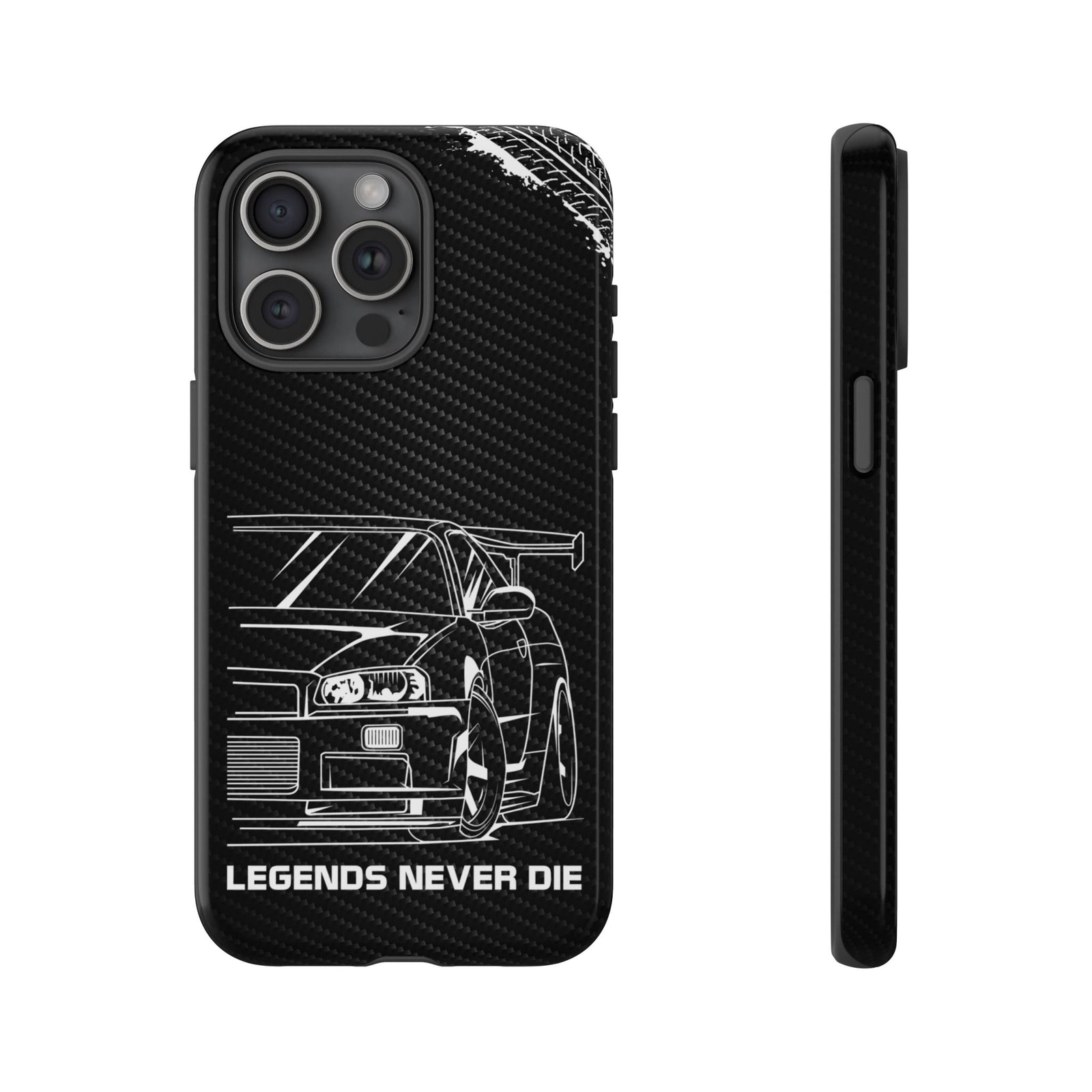 JDM Legends Never Die Tough Phone Case - iPhone 15 Pro Max, glossy, front and side view