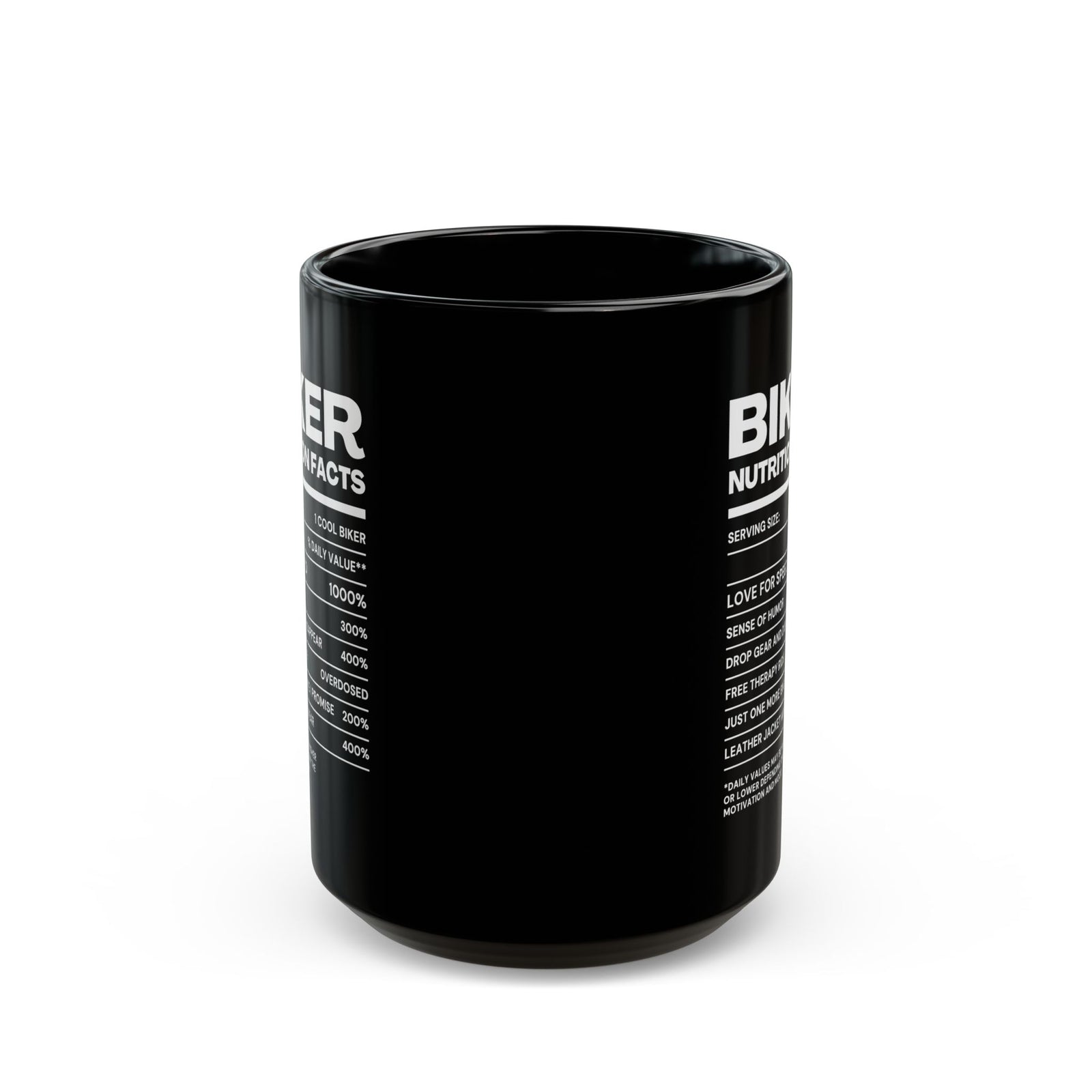 Biker Nutrition Facts Coffee Mug - 15oz black coffee mug, front view with print on both sides