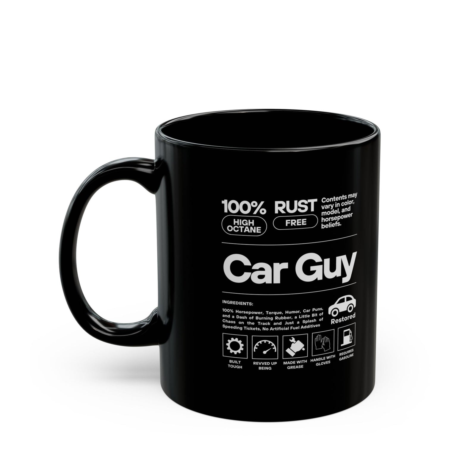 Car Guy Ingredients Label Coffee Mug - 11oz black coffee mug, handle on the left