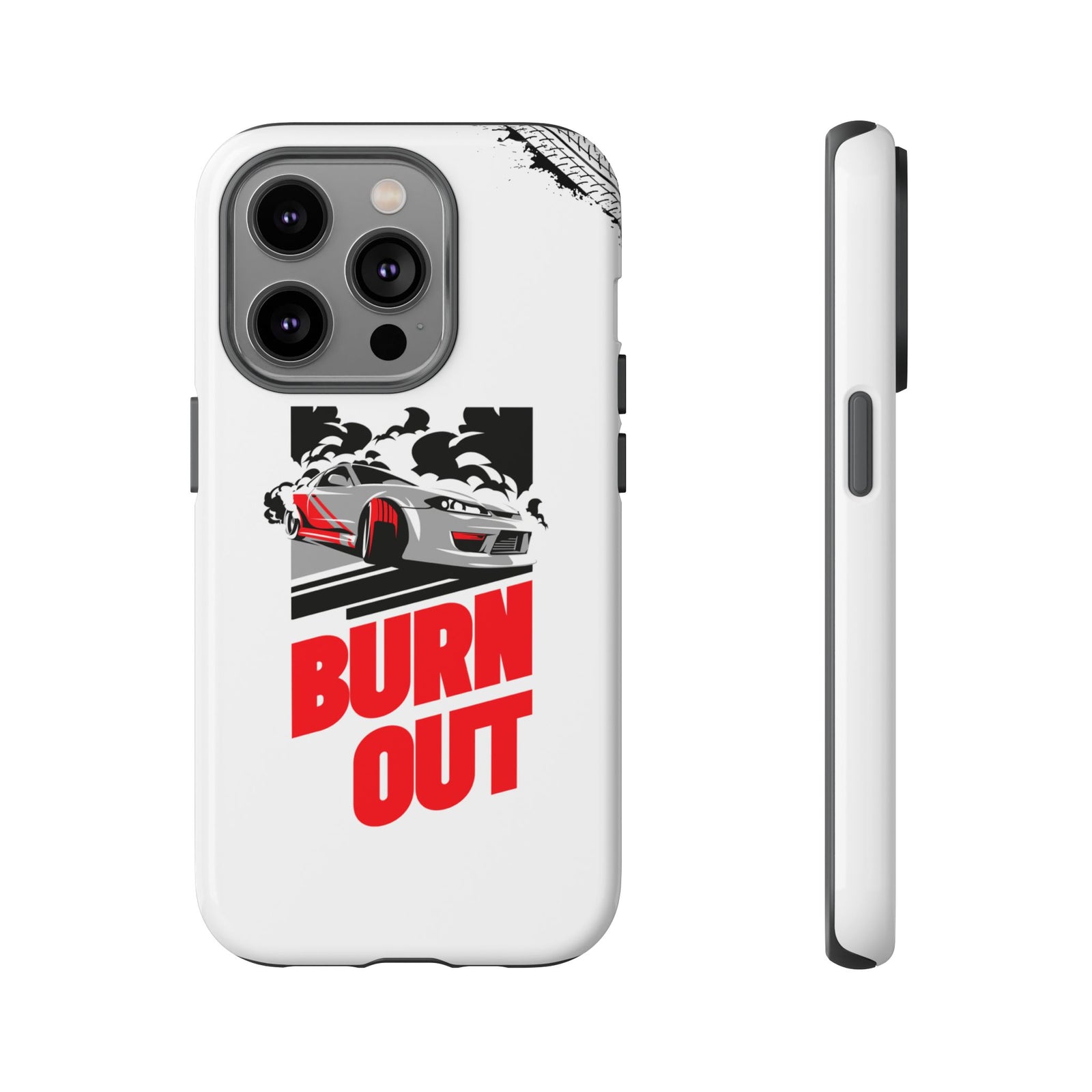 JDM Burnout Tough Car Phone Case - iPhone 14 Pro, glossy, front and side view