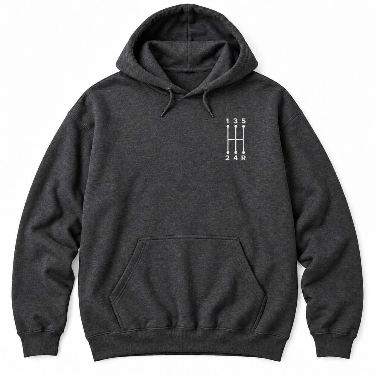 Dark Heather hoodie with a small white five-speed manual shift pattern showing gears 1 to 5 and R