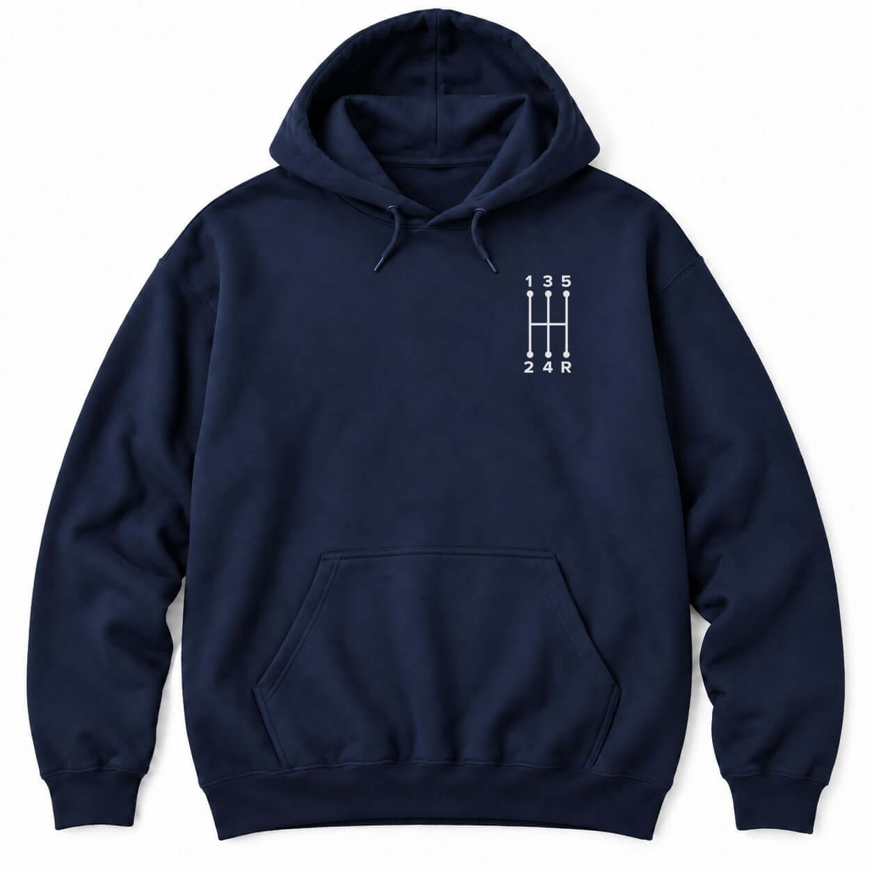 Navy hoodie with a small white five-speed manual shift pattern showing gears 1 to 5 and R