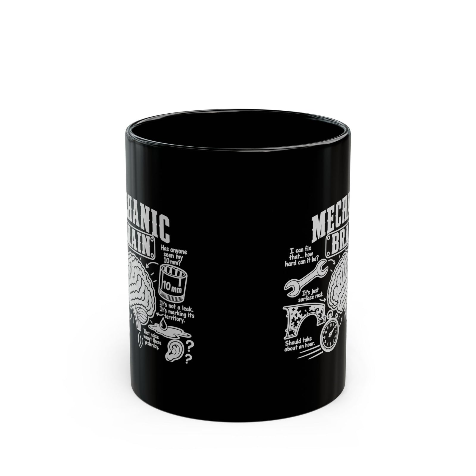 Mechanic Brain Coffee Mug - 11oz black coffee mug, front view with print on both sides