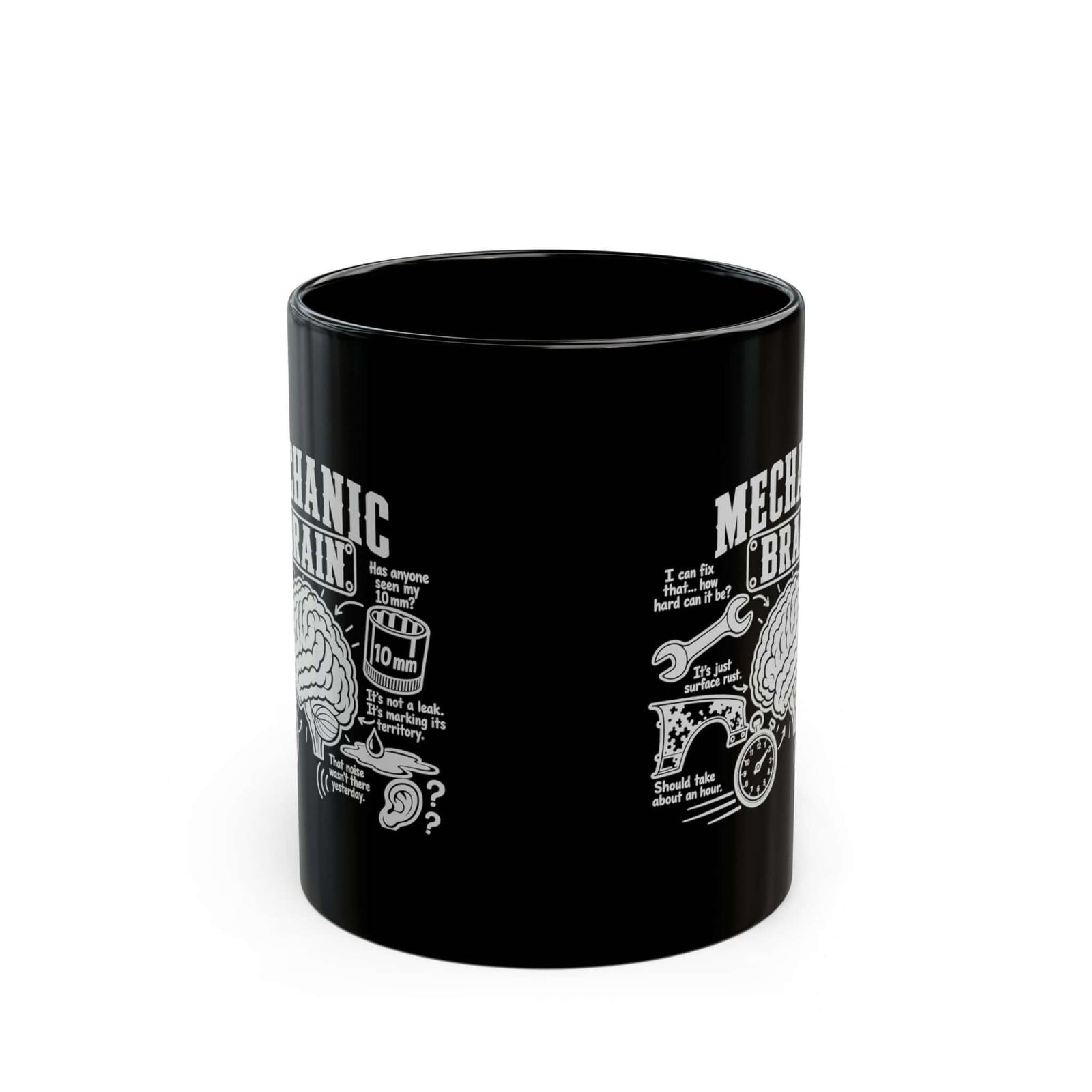Mechanic Brain Coffee Mug - 11oz black coffee mug, front view with print on both sides