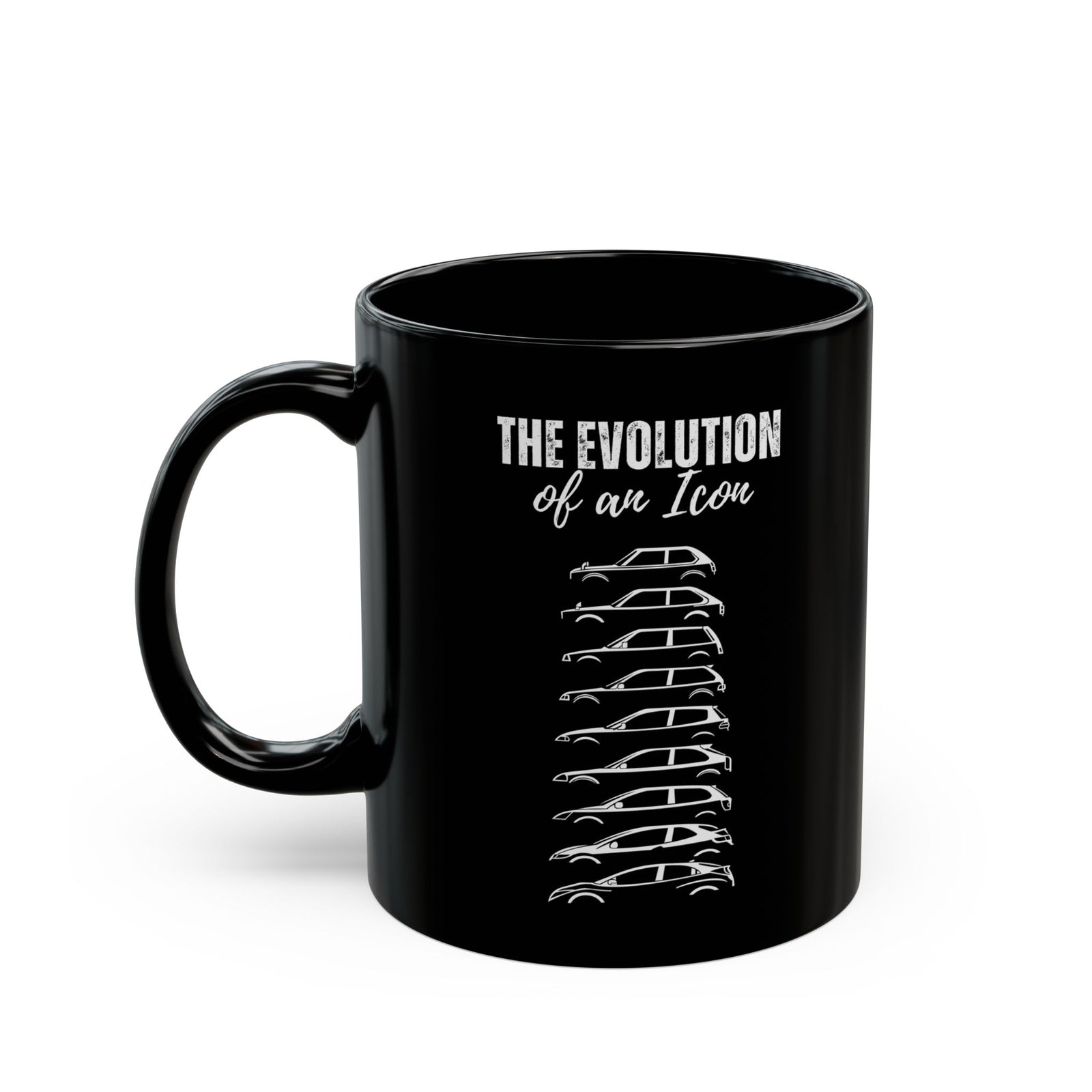 Evolution of an Icon Coffee Mug - 11oz black coffee mug, handle on the left