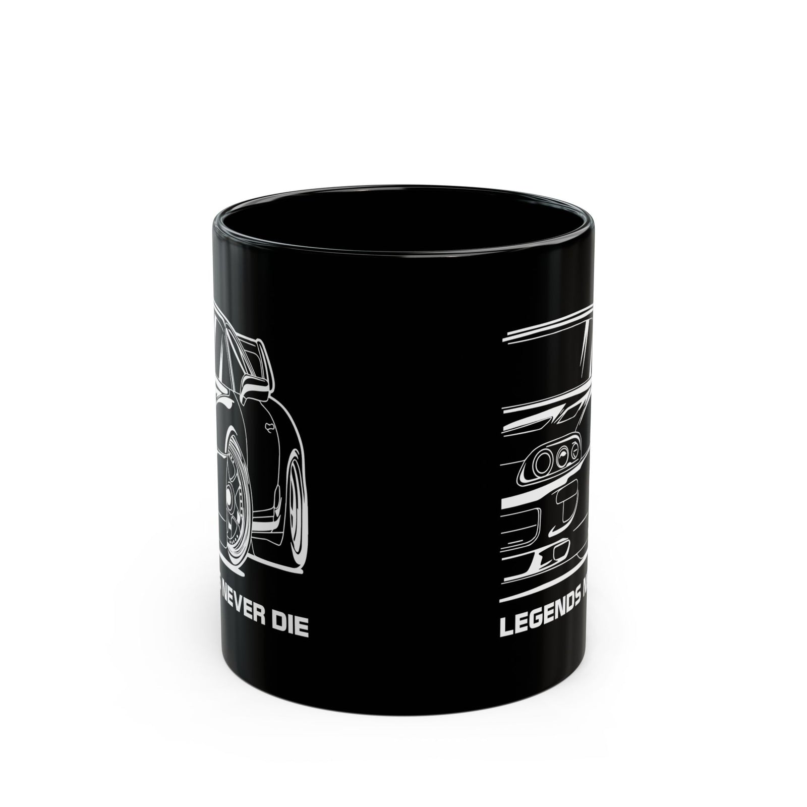 JDM Legends Never Die Coffee Mug - 11oz black coffee mug, front view with print on both sides