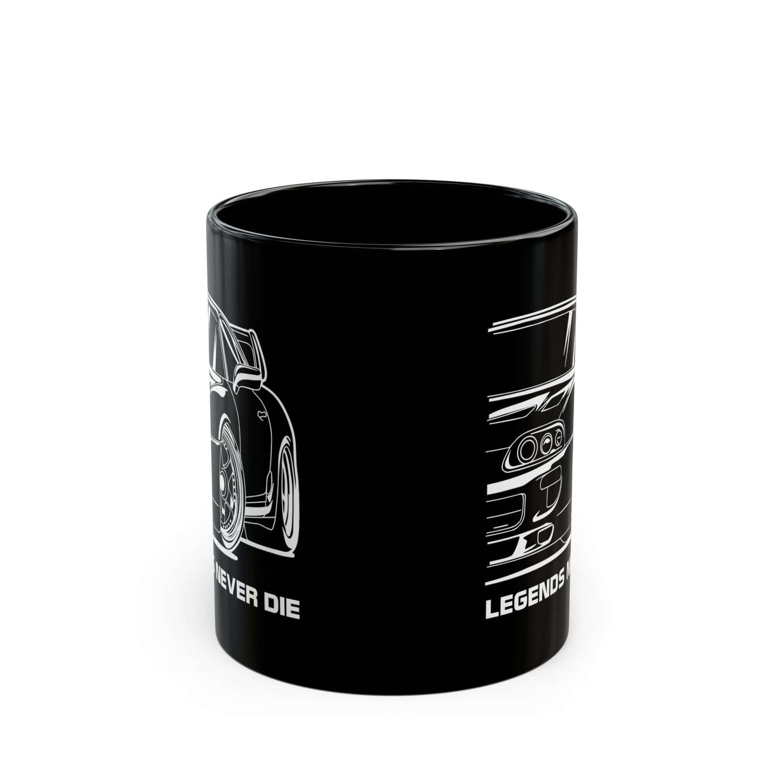 JDM Legends Never Die Coffee Mug - 11oz black coffee mug, front view with print on both sides