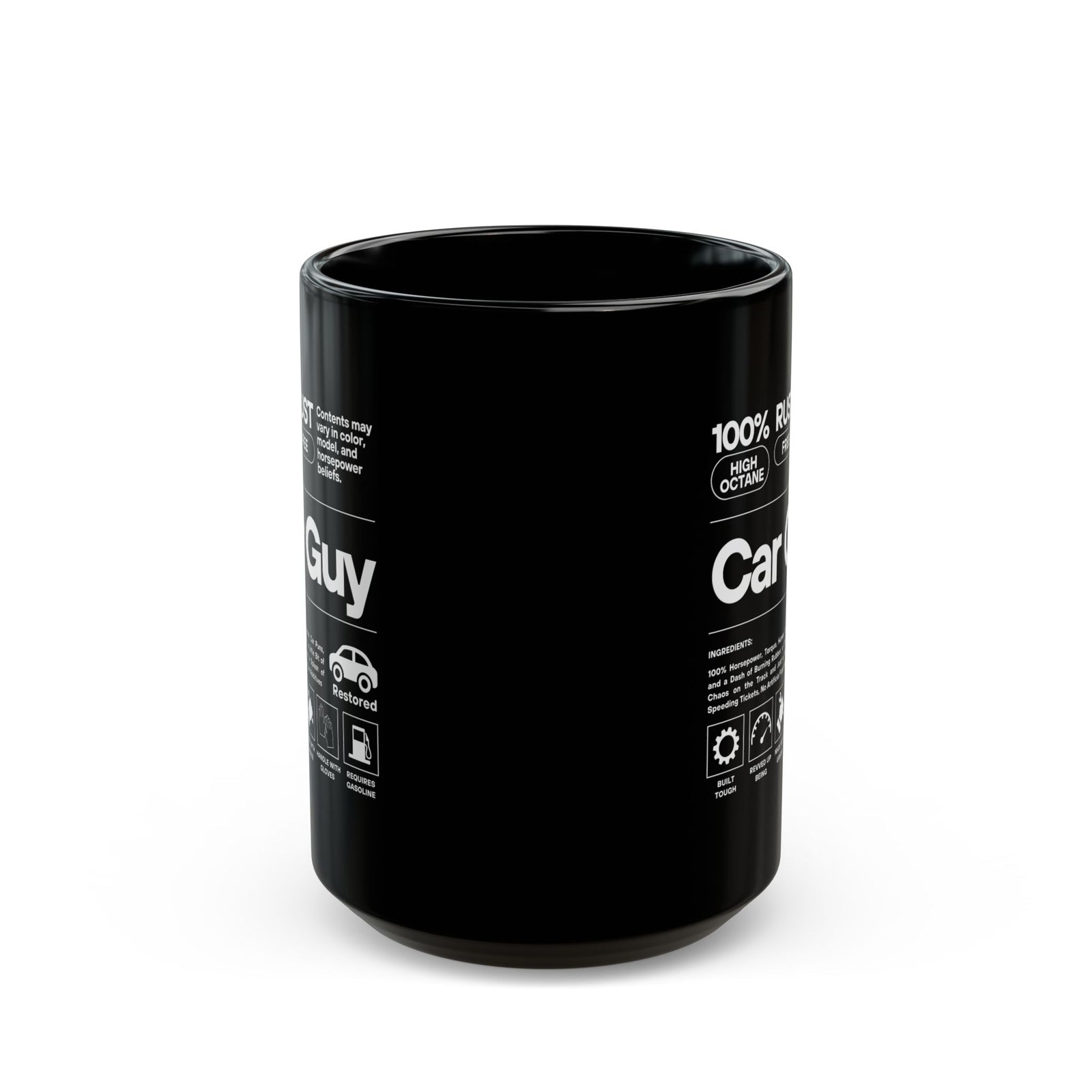 Car Guy Ingredients Label Coffee Mug - 15oz black coffee mug, front view with print on both sides