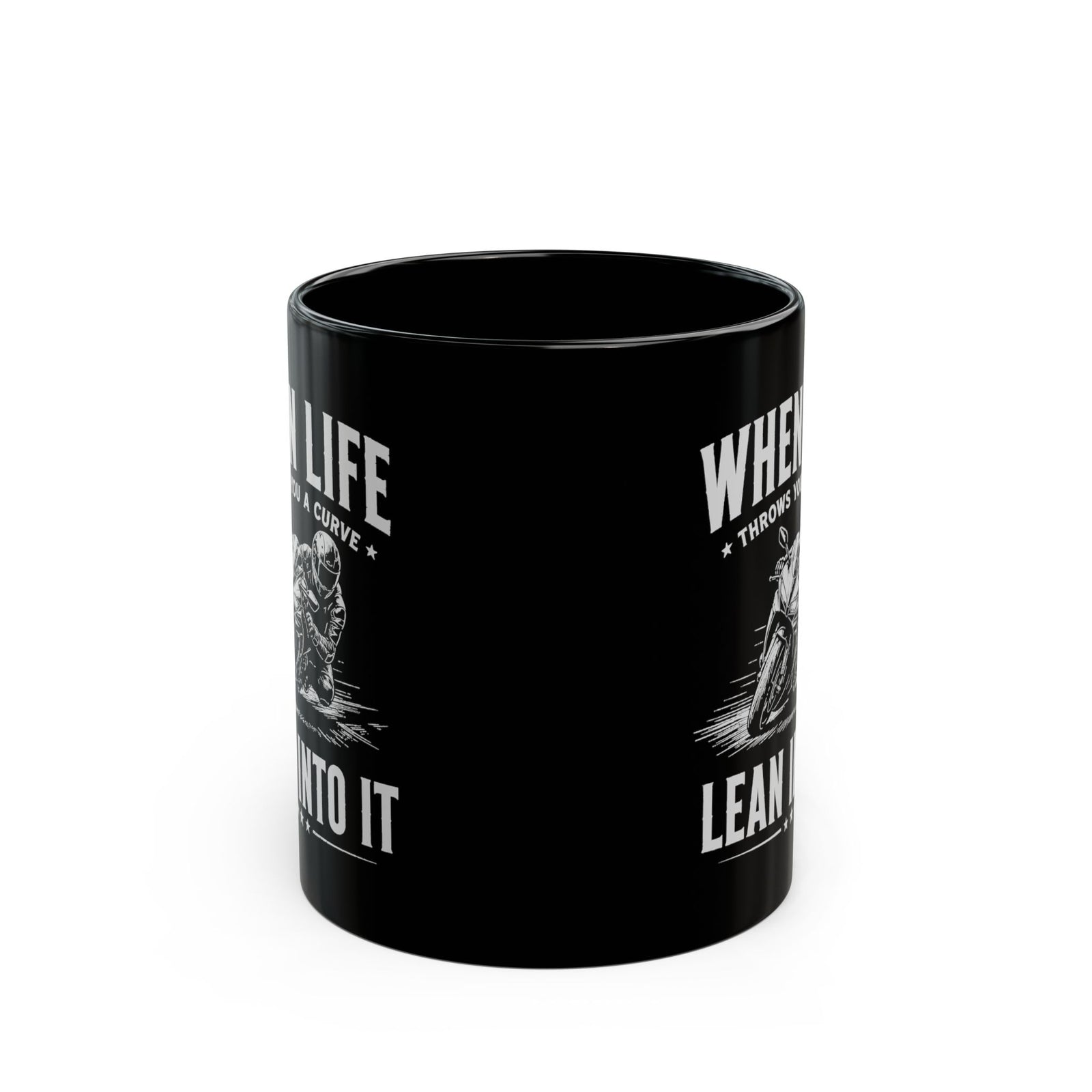 When Life Throws You a Curve Lean Into It Mug - 11oz black coffee mug, front view with print on both sides