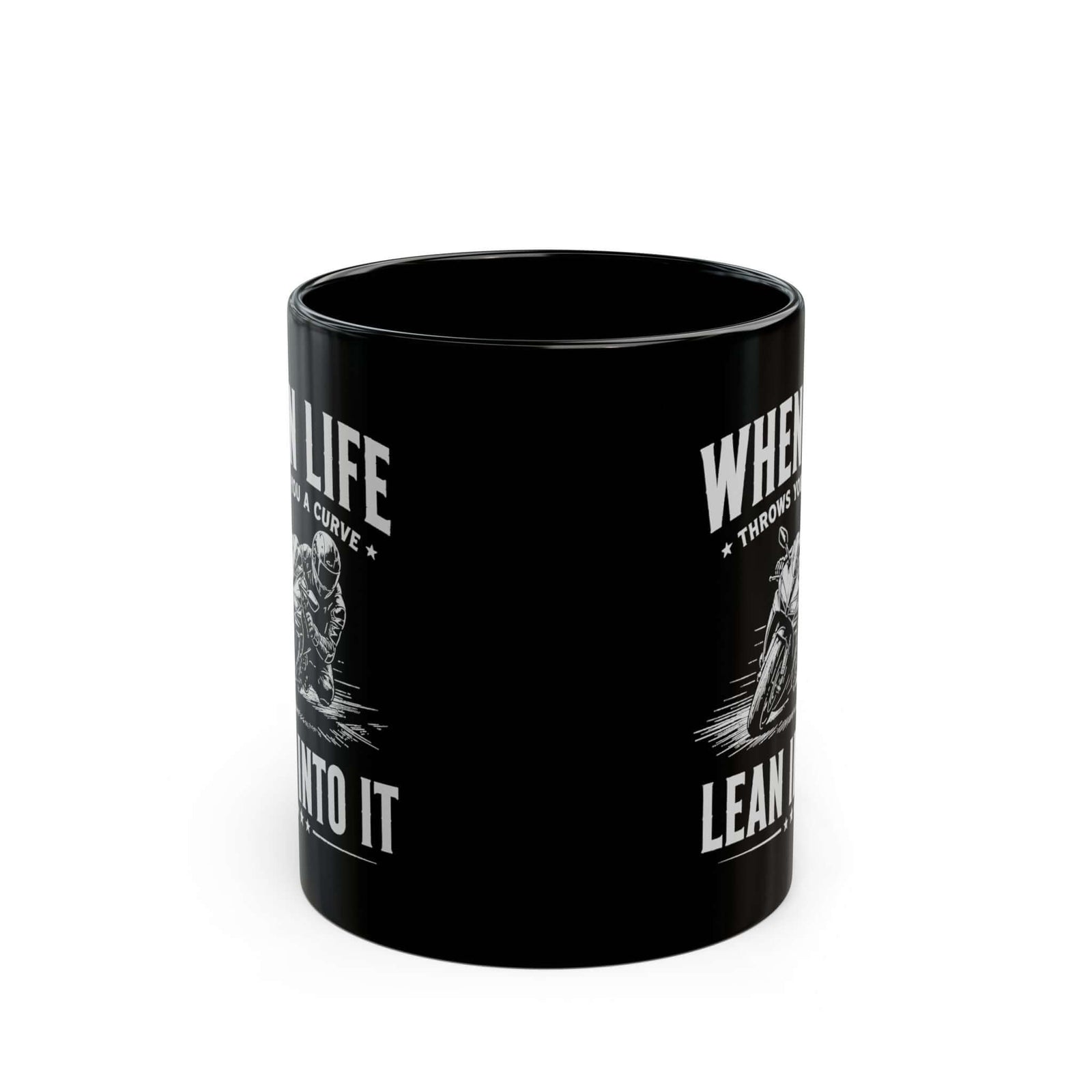When Life Throws You a Curve Lean Into It Mug - 11oz black coffee mug, front view with print on both sides