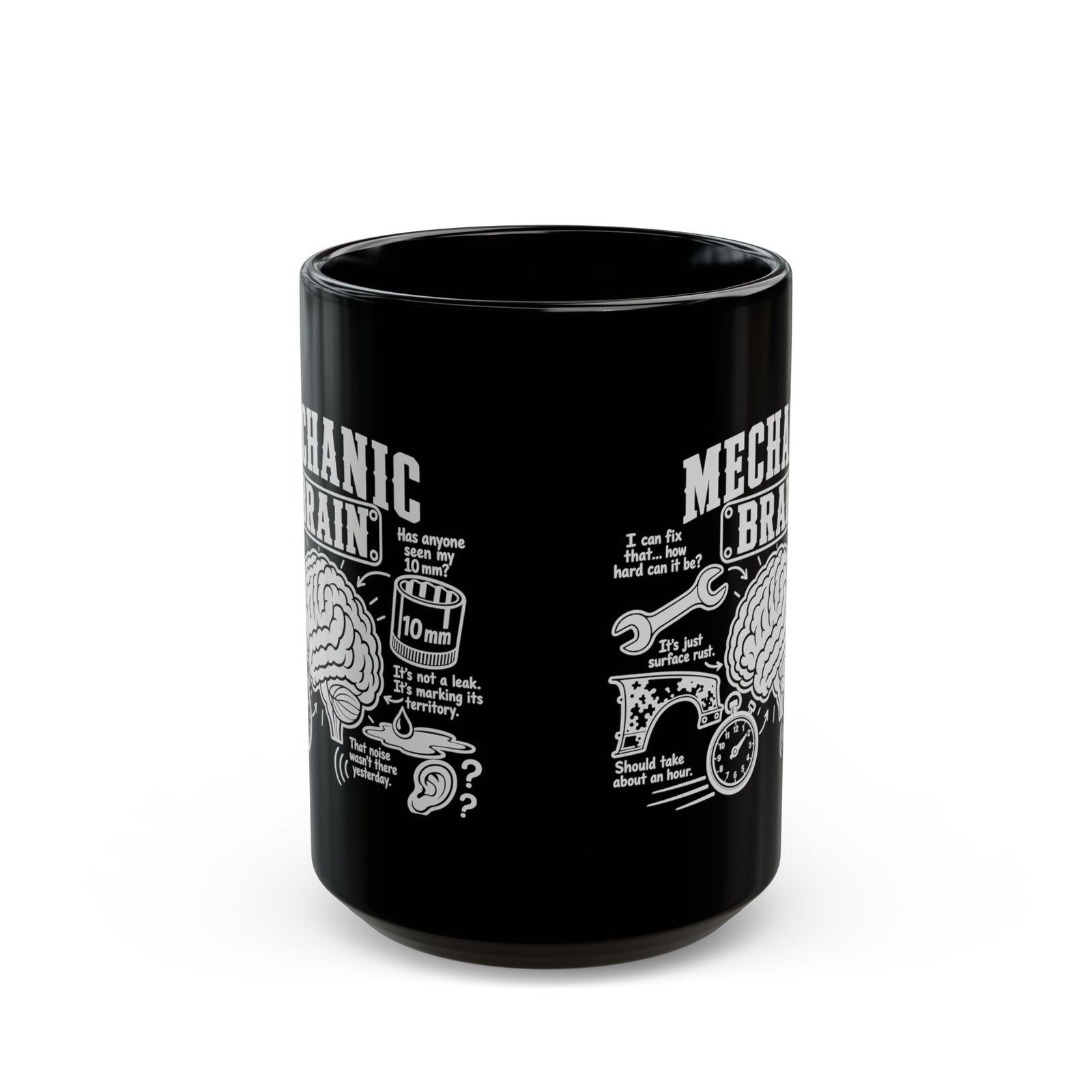 Mechanic Brain Coffee Mug - 15oz black coffee mug, front view with print on both sides