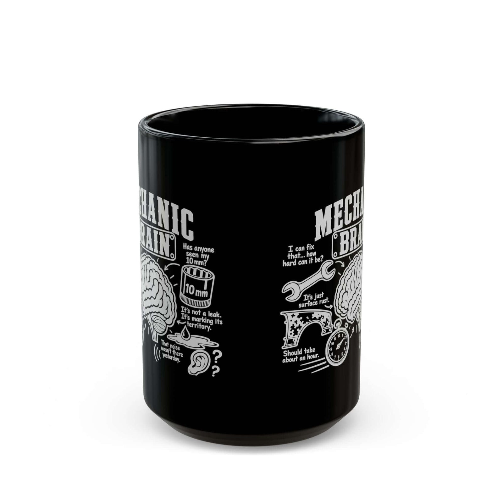 Mechanic Brain Coffee Mug - 15oz black coffee mug, front view with print on both sides