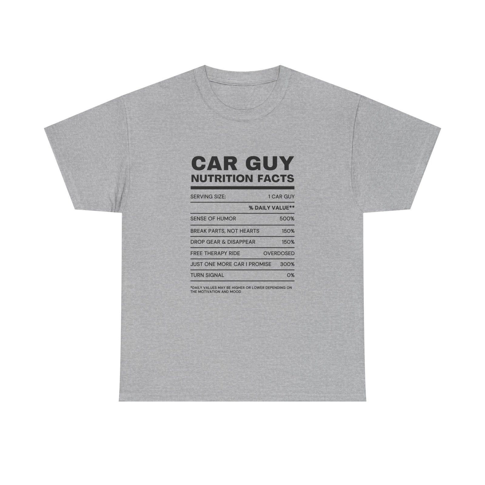 Car Guy Nutrition Facts shirt flat lay - funny car guy tee